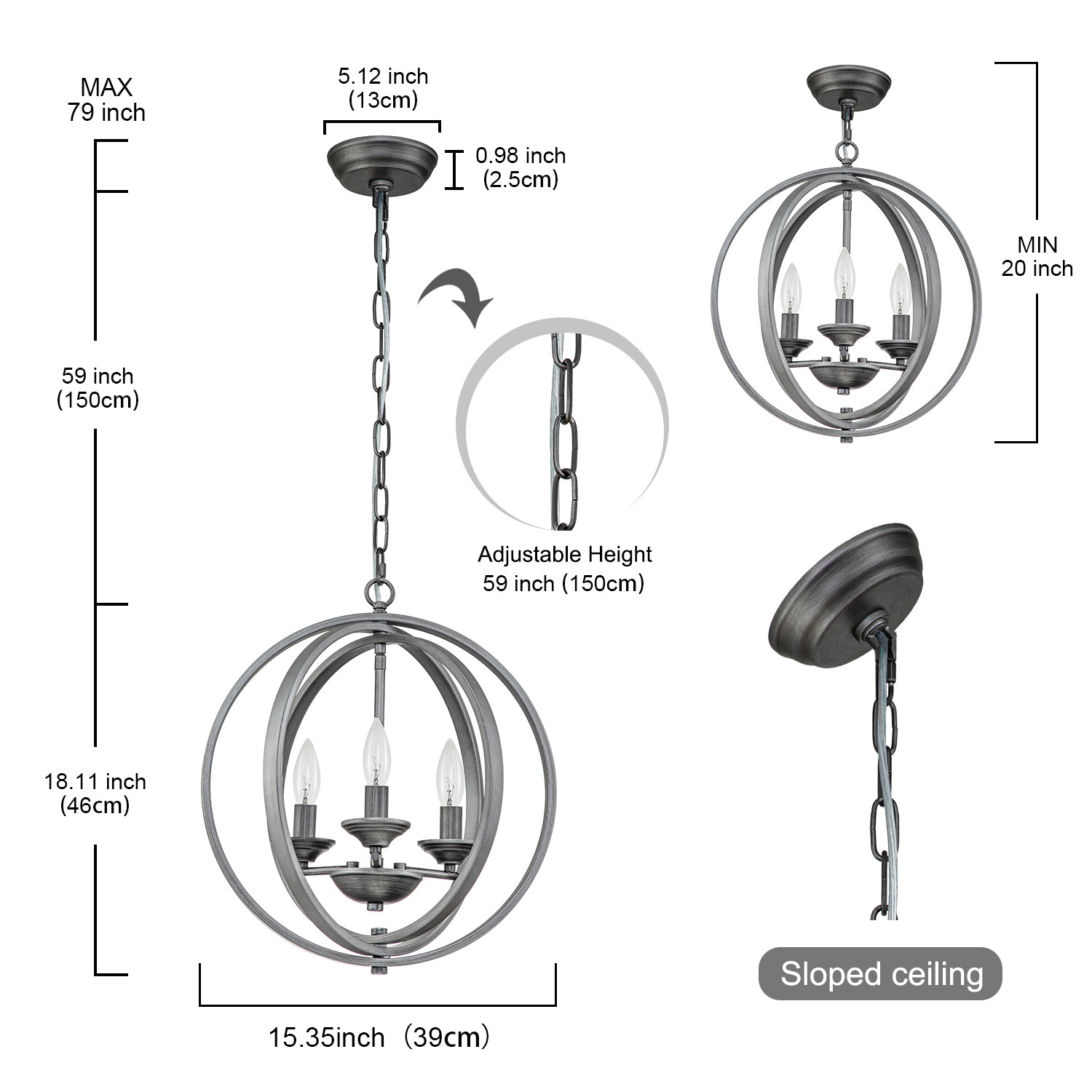Glowlings 3-Light Vintage 16"Wide Candle Style Unique Sphere Chandelier