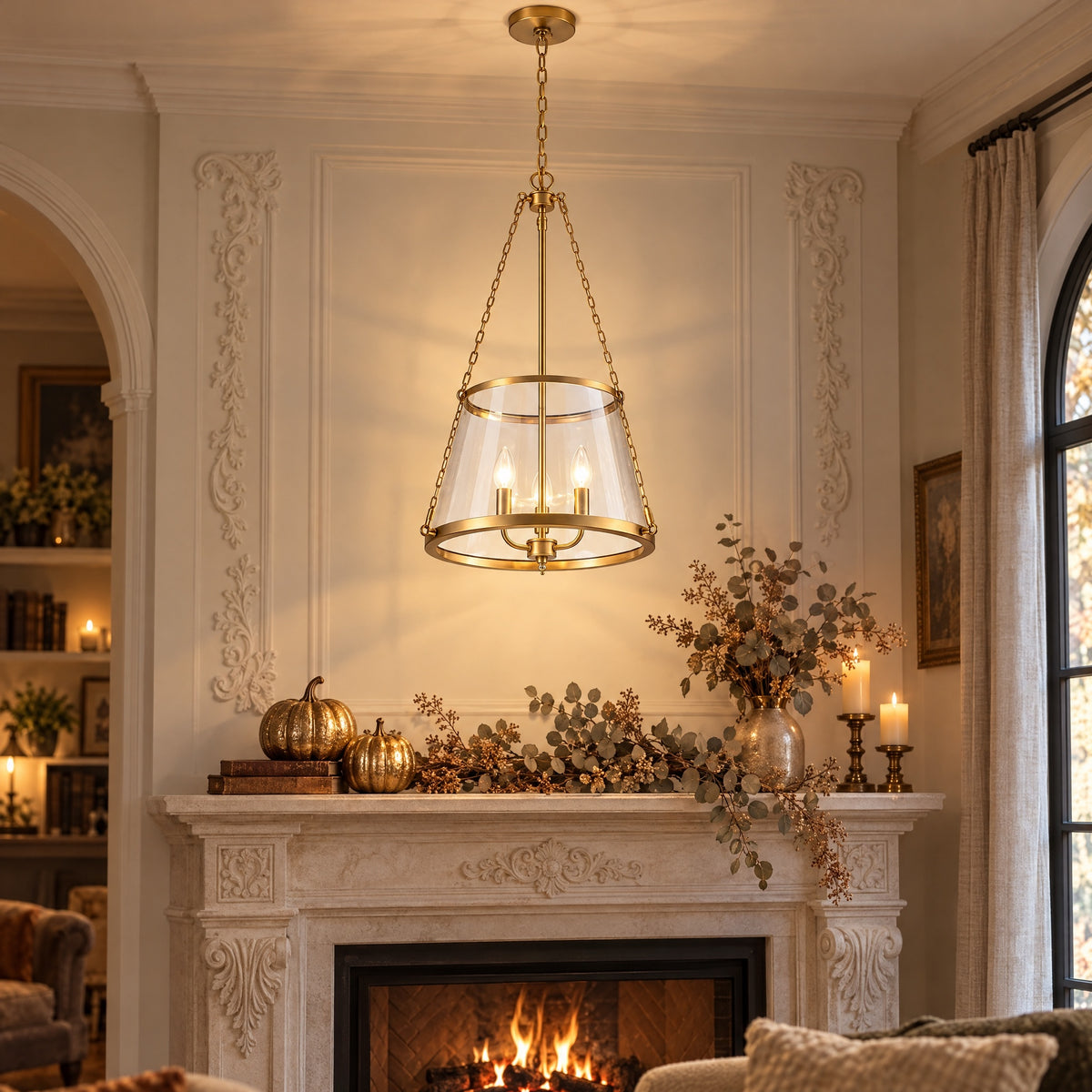 Glowlings 3-Light Modern Farmhouse Gold Pendant Light,Antique Brass Lantern Chandelier with Clear Glass Shade