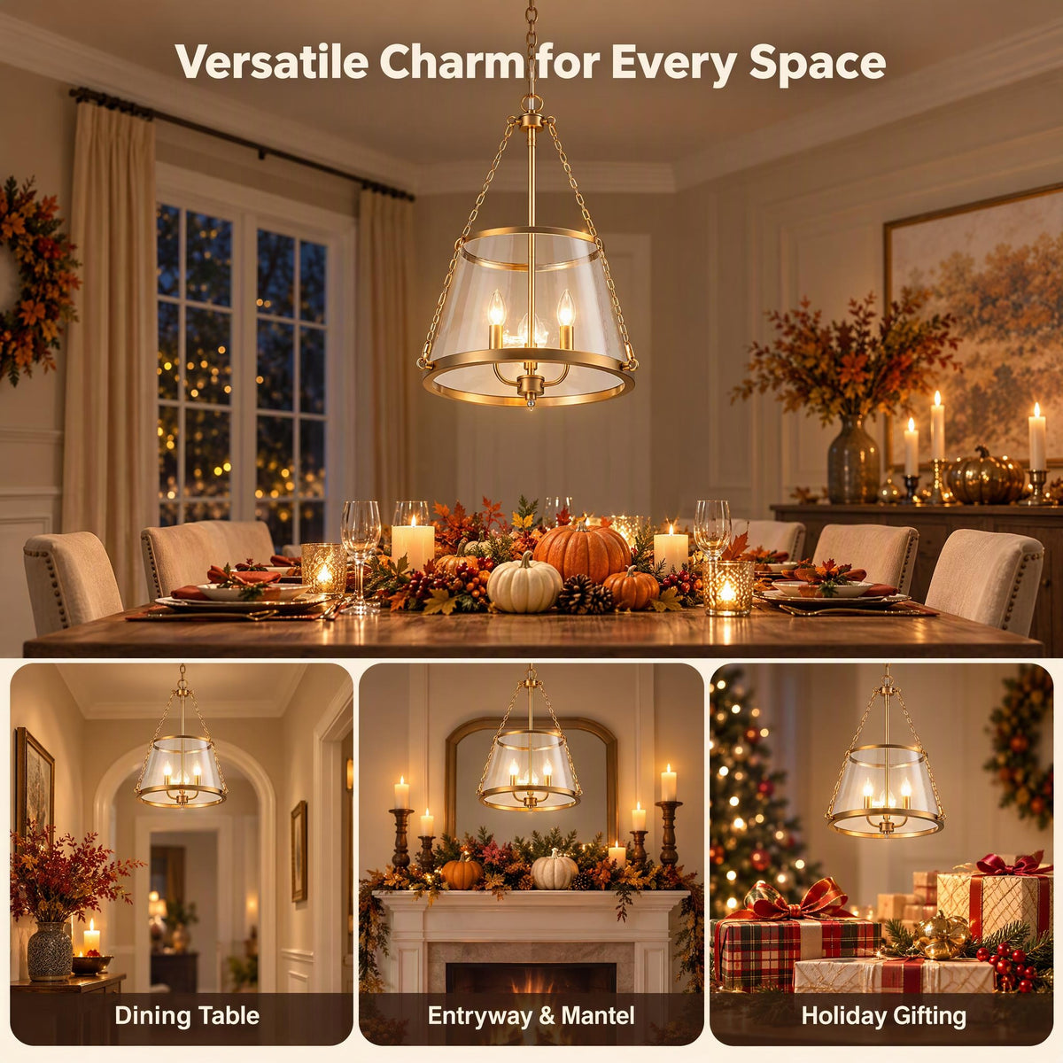 Glowlings 3-Light Modern Farmhouse Gold Pendant Light,Antique Brass Lantern Chandelier with Clear Glass Shade