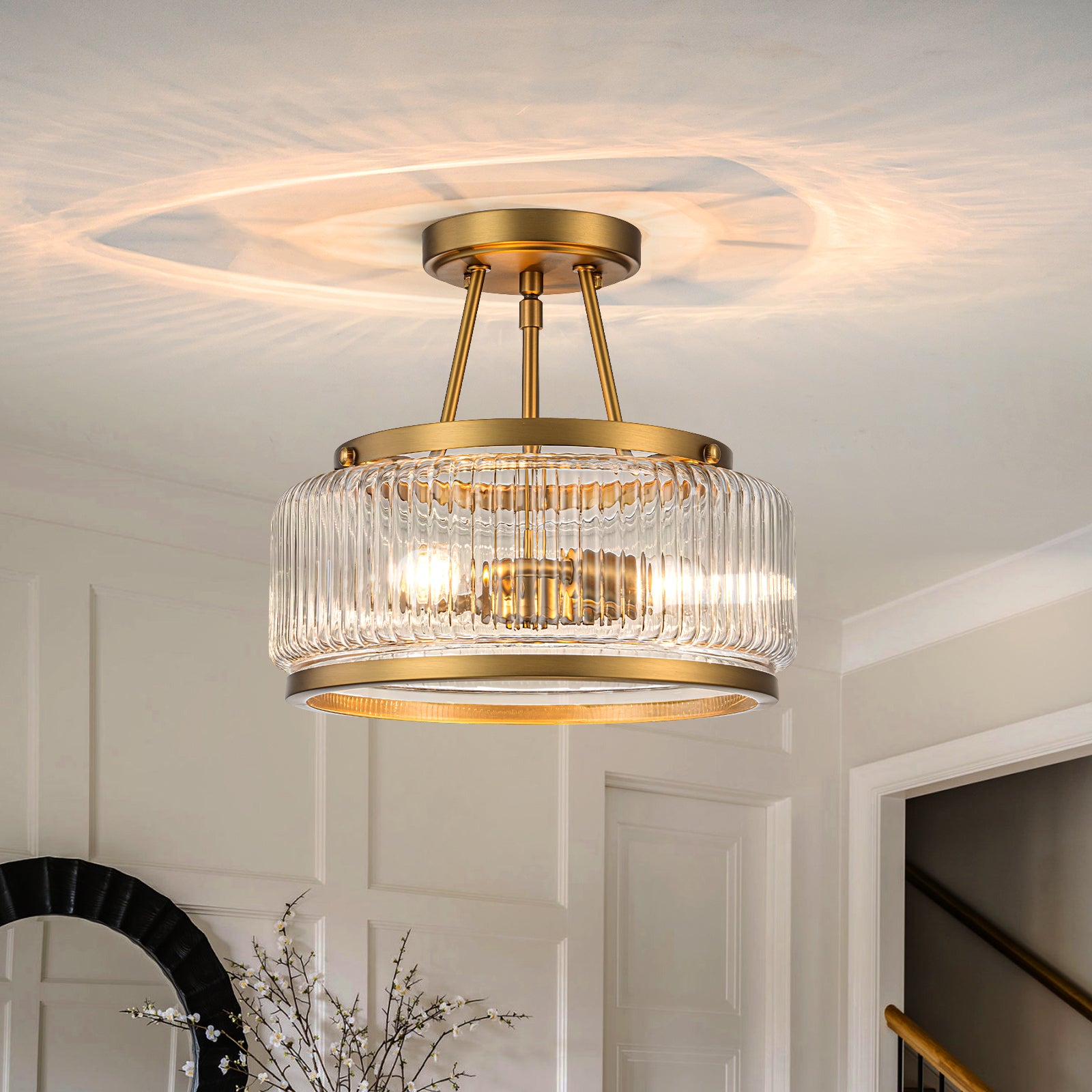 Glowlings 3-Light Modern 12"Wide Drum Ribbed Faceted Glass Lantern Semi Flush Mount
