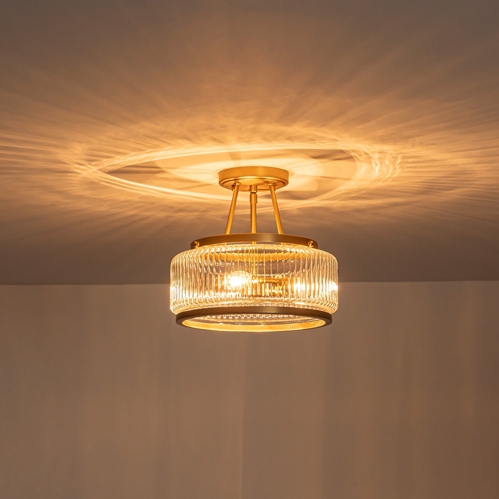 Glowlings 3-Light Modern 12"Wide Drum Ribbed Faceted Glass Lantern Semi Flush Mount
