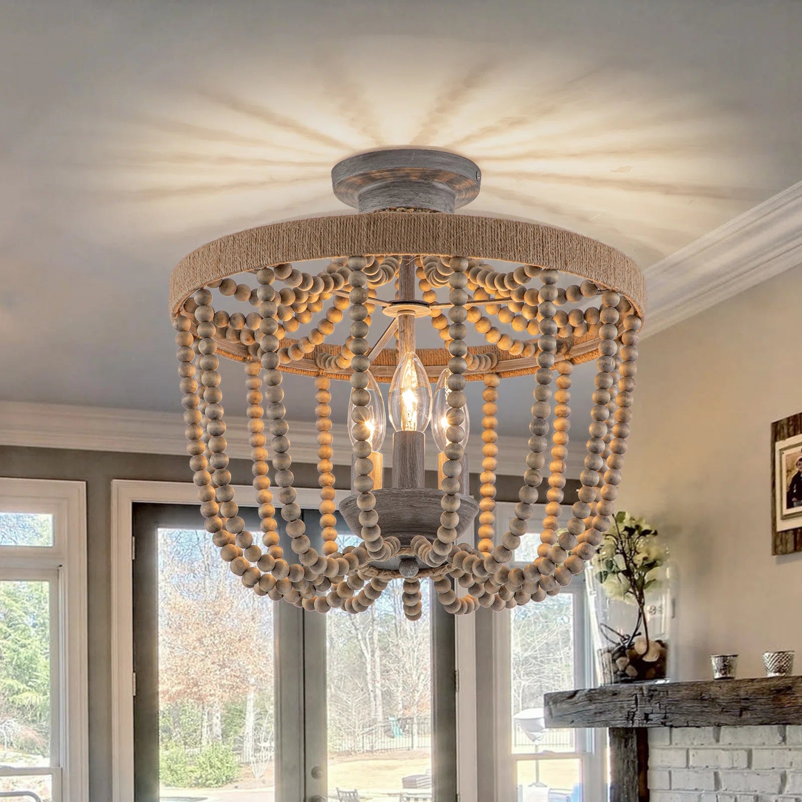 Semi flush mount top wood bead chandelier