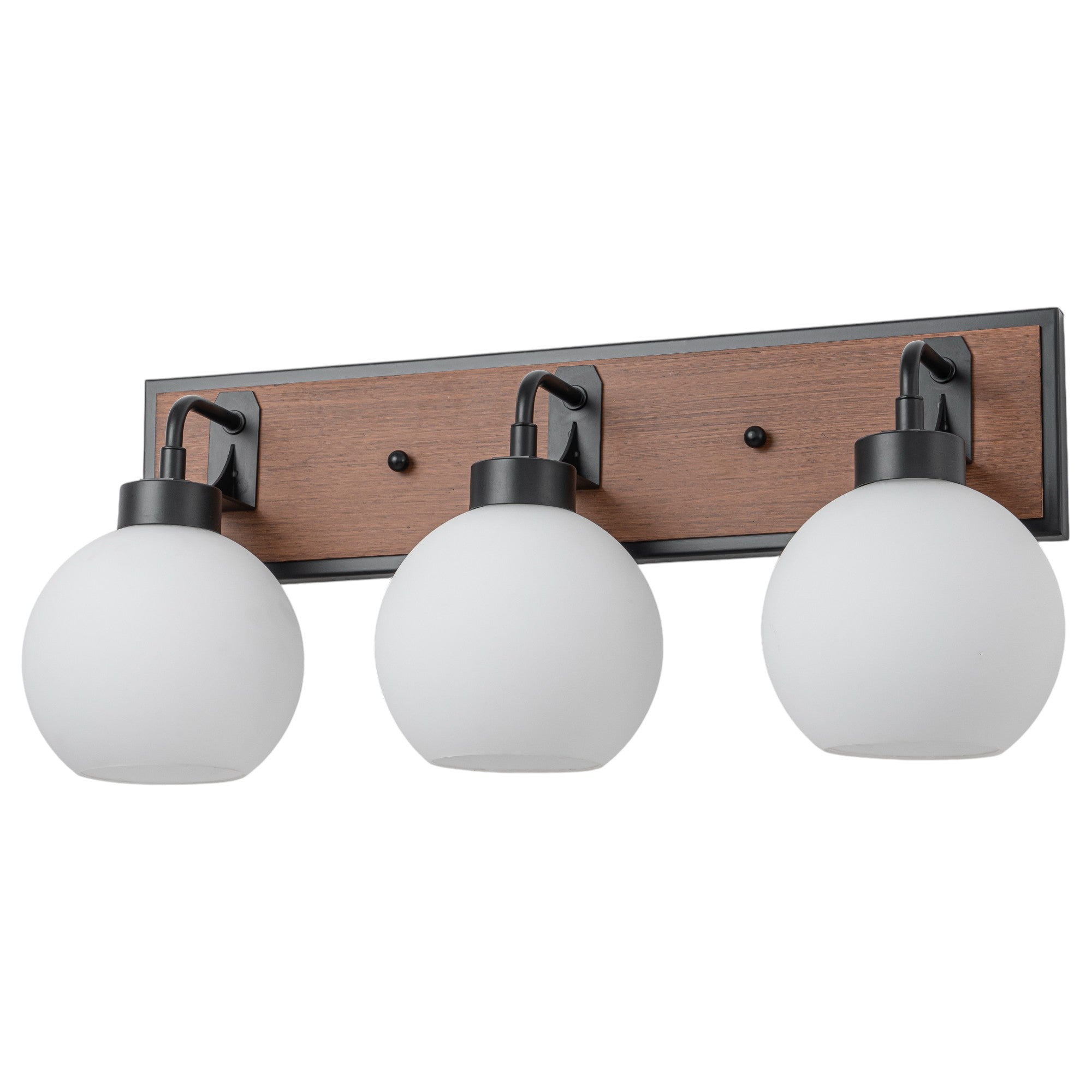 Glowlings 3-Light Farmhouse Black Wood Globe Opal Glass Bathroom Vanity Light