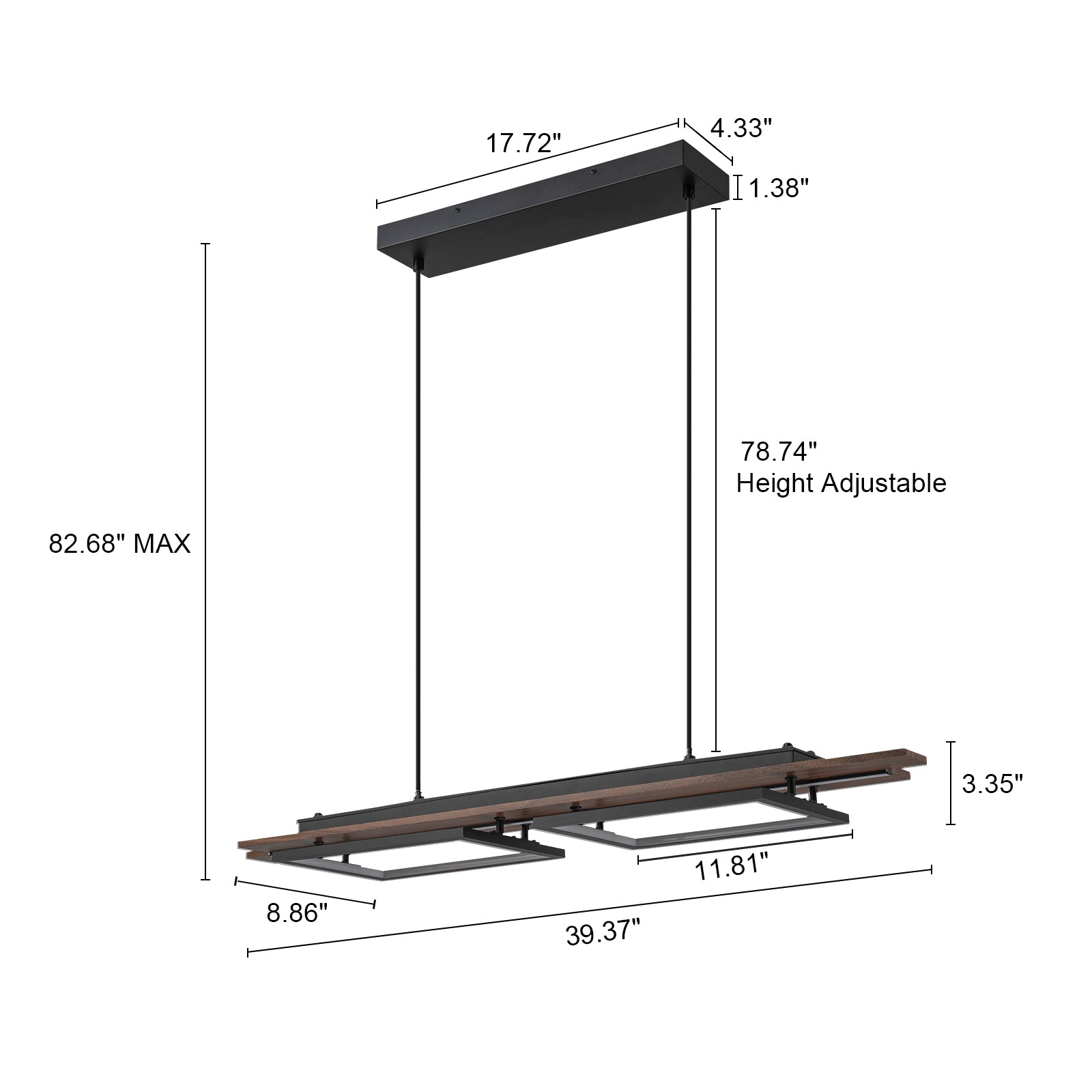 Glowlings 3-Light Farmhouse 39"Wide Dark Walnut Rectangle LED Linear Wood Pendant Light