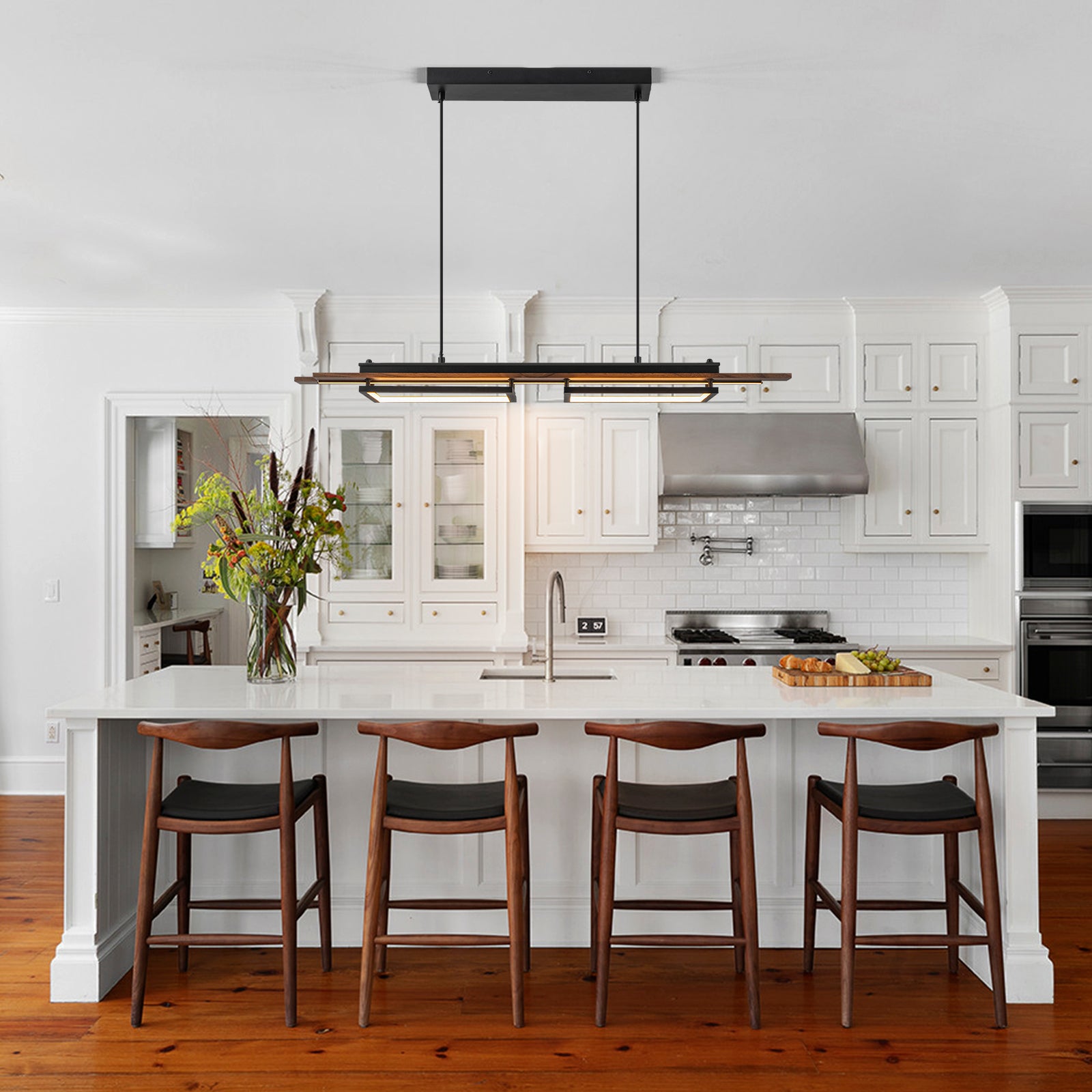 Glowlings 3-Light Farmhouse 39"Wide Dark Walnut Rectangle LED Linear Wood Pendant Light
