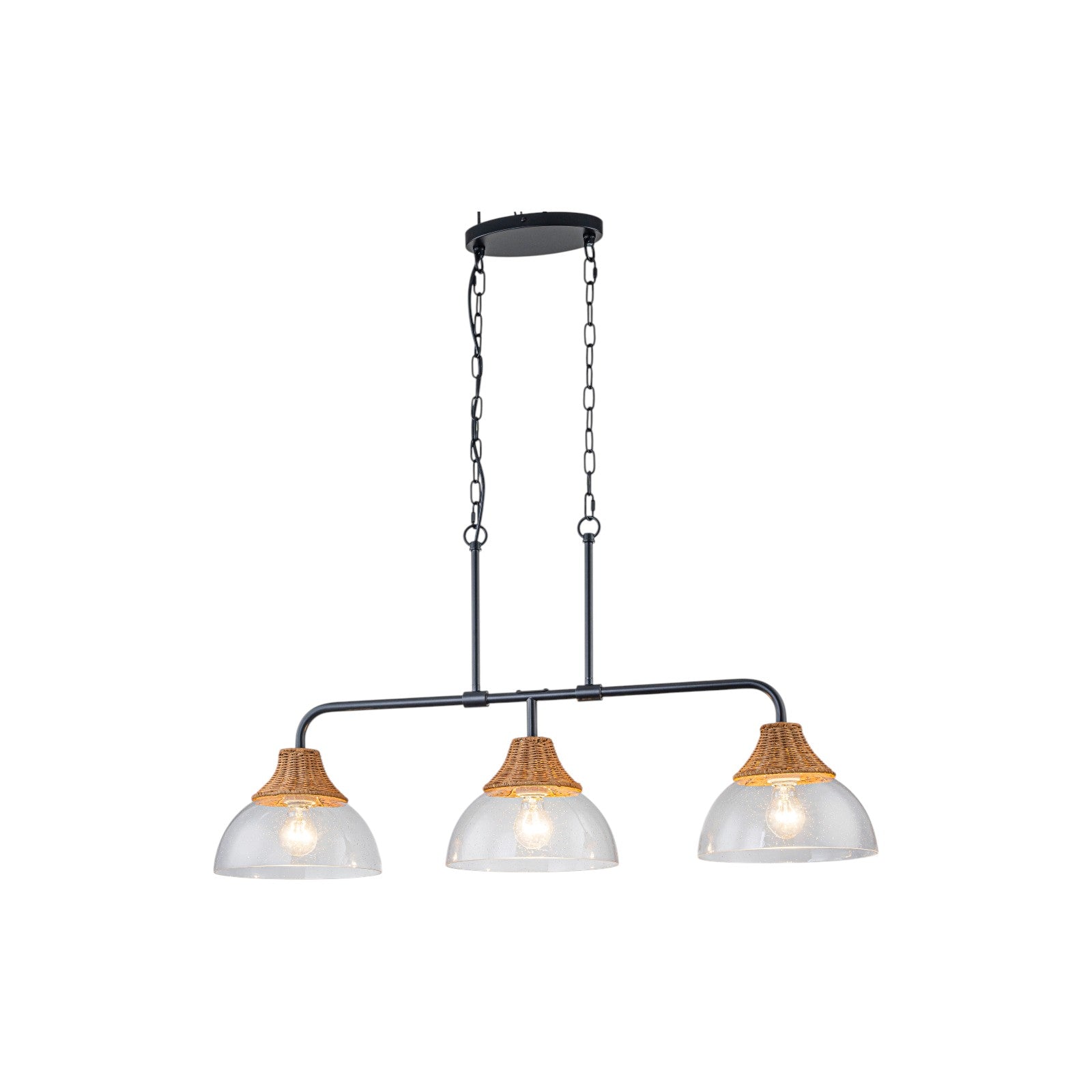 Glowlings 3-Light Farmhouse Linear Clear Seeded Glass Island Pendant Light with Natural Woven Rattan