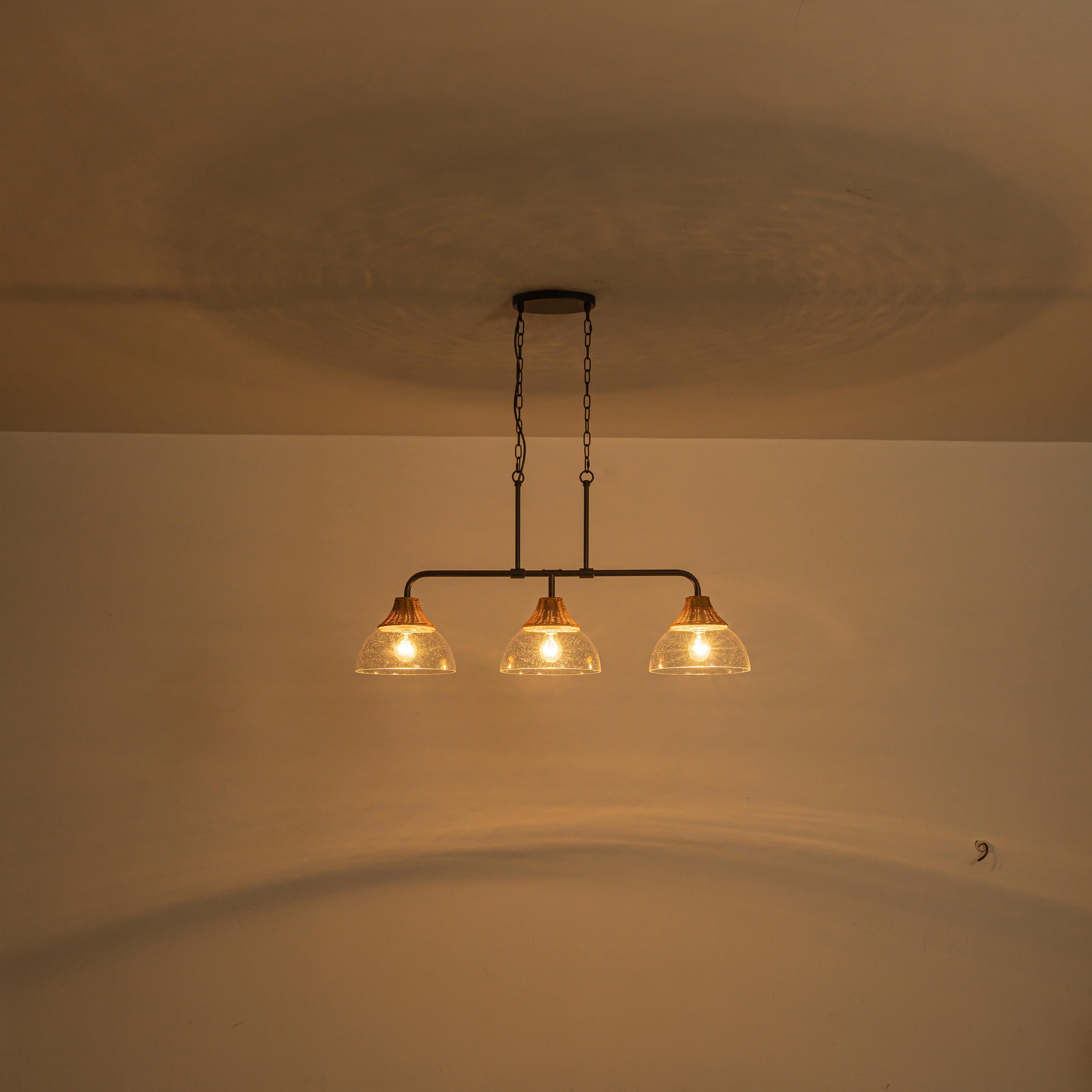 Glowlings 3-Light Farmhouse Linear Clear Seeded Glass Island Pendant Light with Natural Woven Rattan