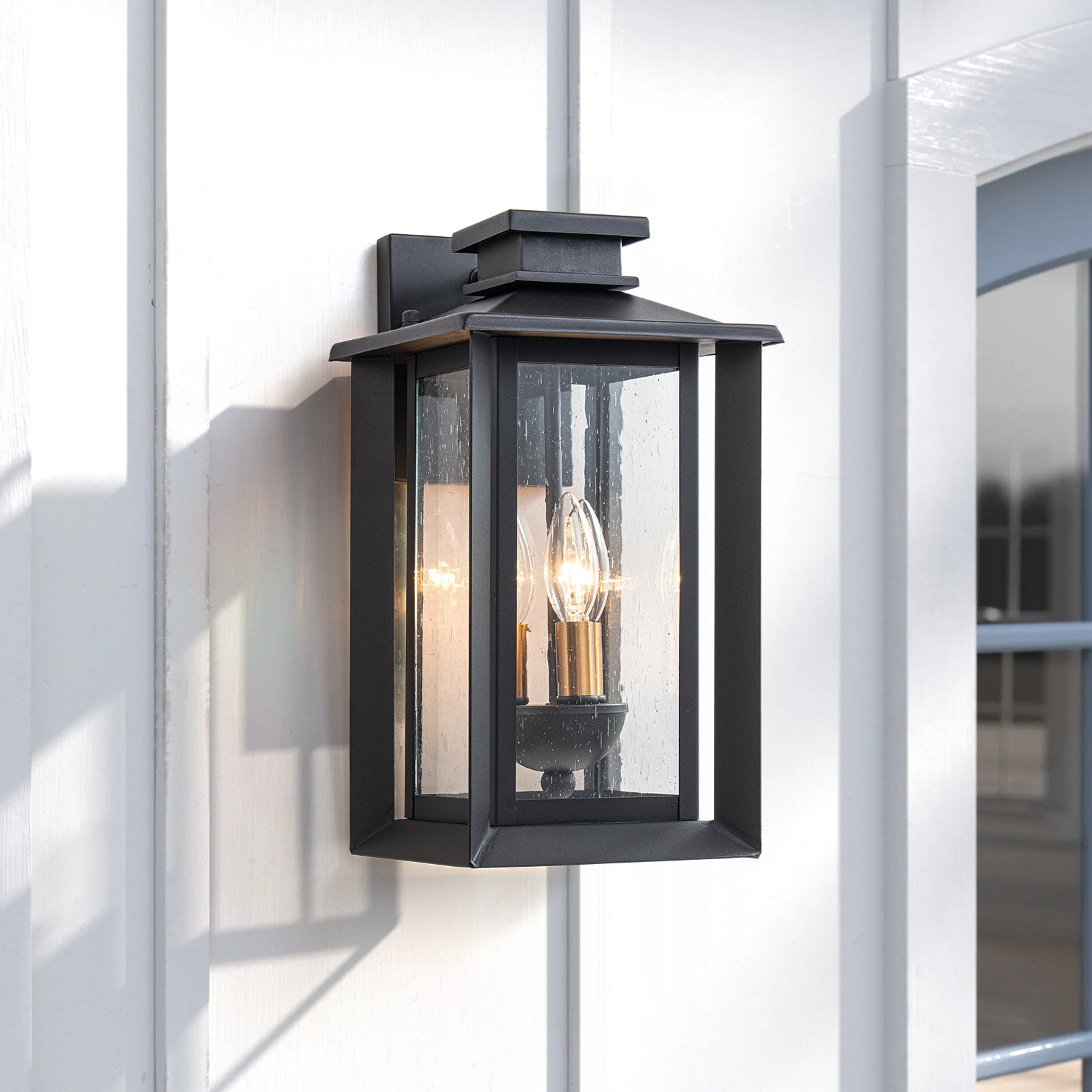 Glowlings 3-Light 15"High Flat Roof Lantern Black Outdoor Wall Sconce
