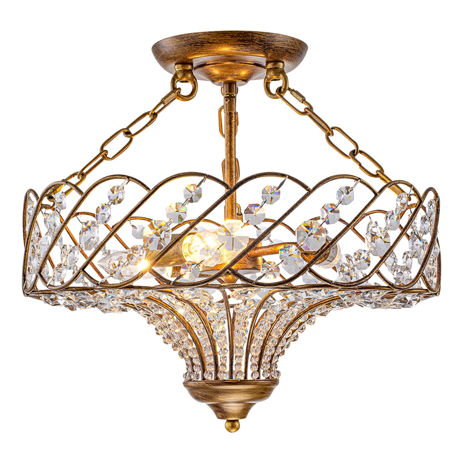 Glowlings 3-Light French Vintage Antique Gold Crystal Semi Flush Mount Ceiling Light