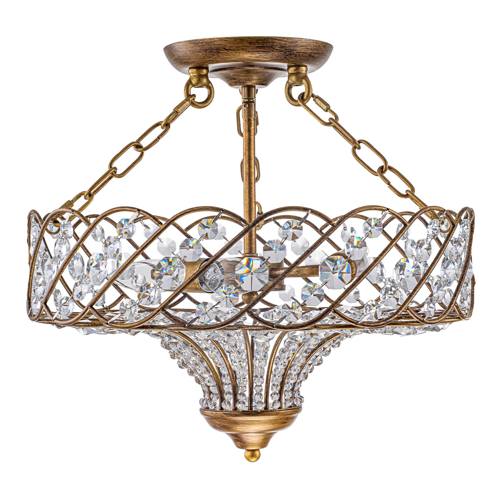 Glowlings 3-Light French Vintage Antique Gold Crystal Semi Flush Mount Ceiling Light