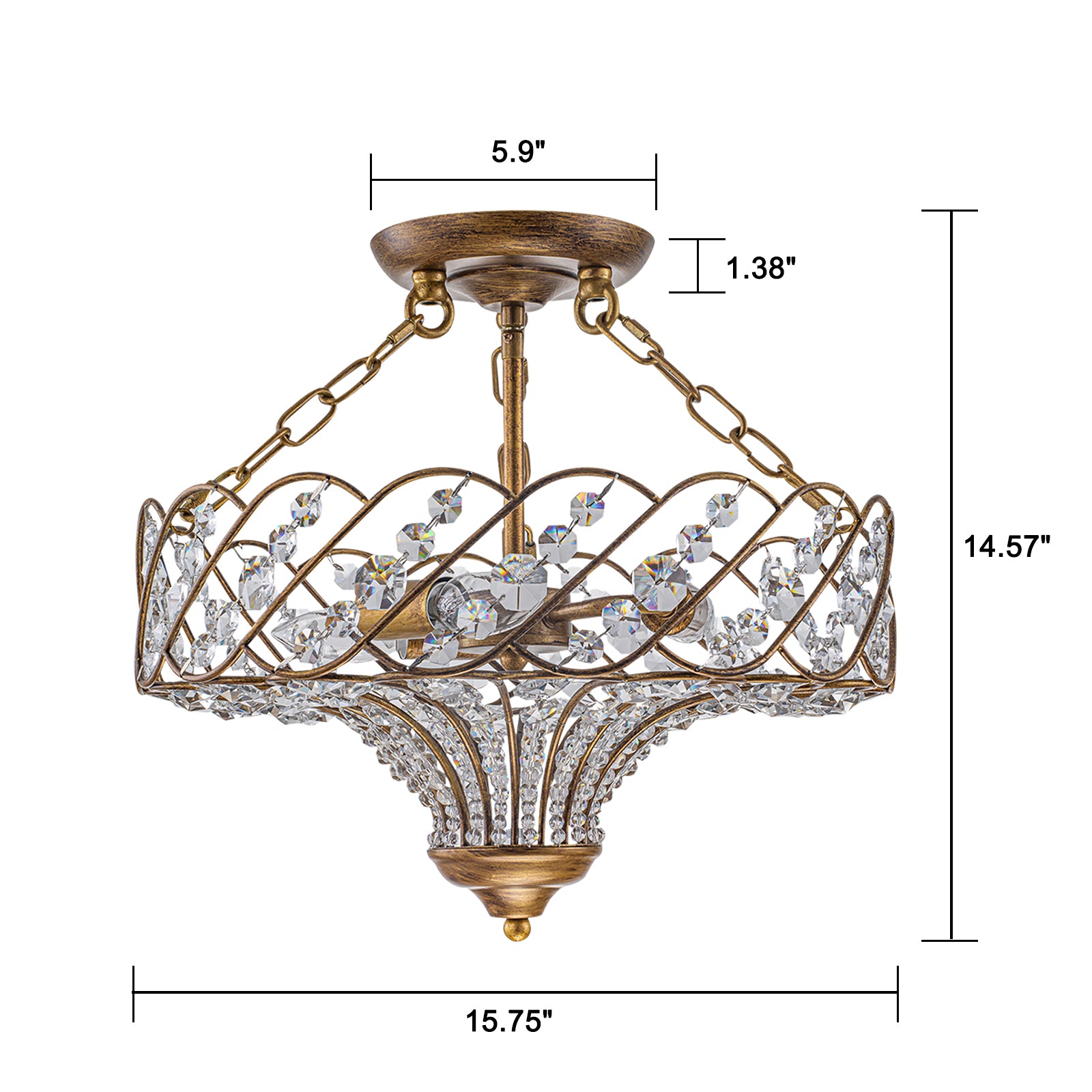 Glowlings 3-Light French Vintage Antique Gold Crystal Semi Flush Mount Ceiling Light