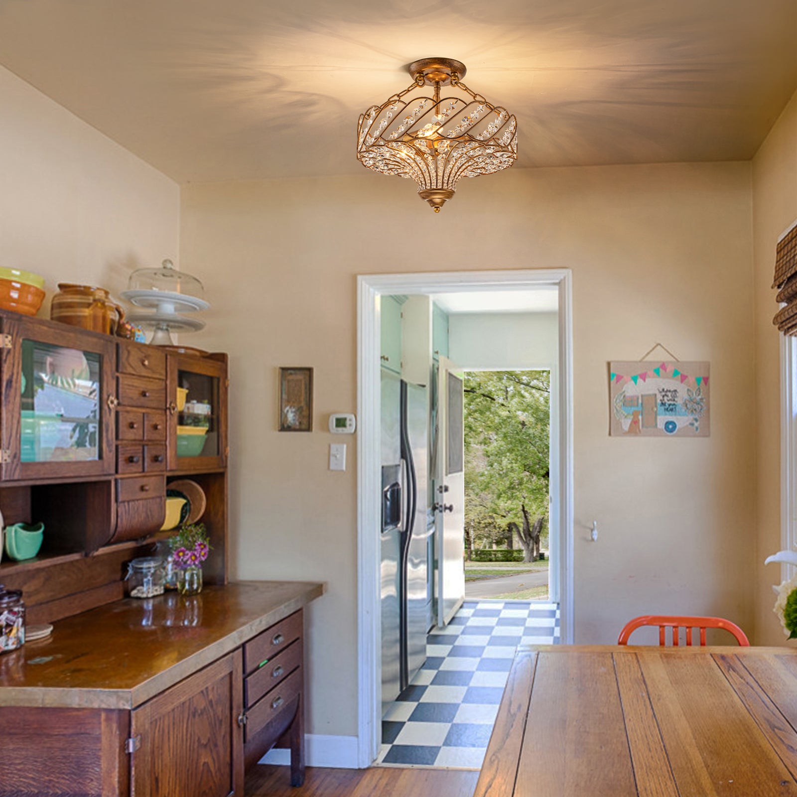 Glowlings 3-Light French Vintage Antique Gold Crystal Semi Flush Mount Ceiling Light