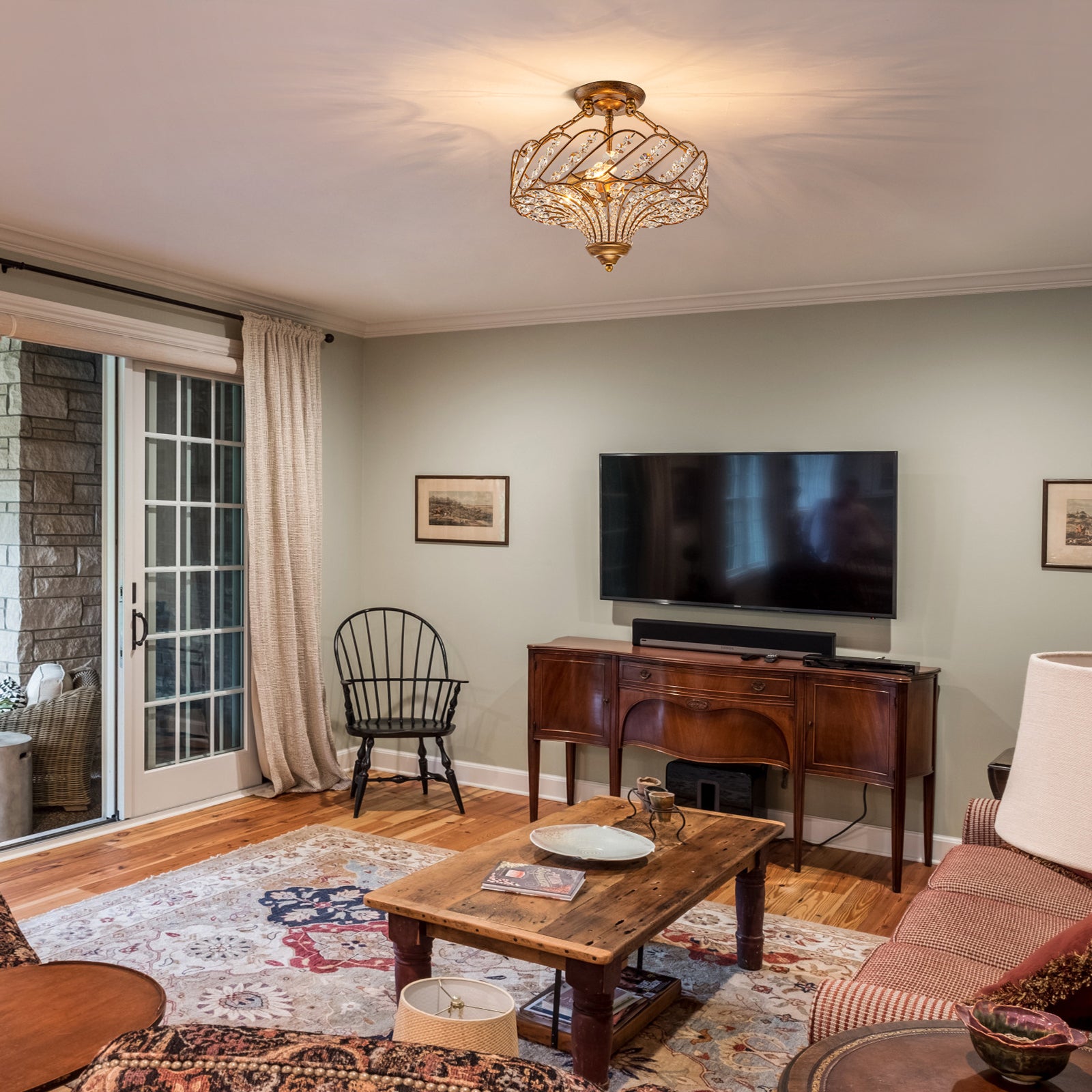 Glowlings 3-Light French Vintage Antique Gold Crystal Semi Flush Mount Ceiling Light