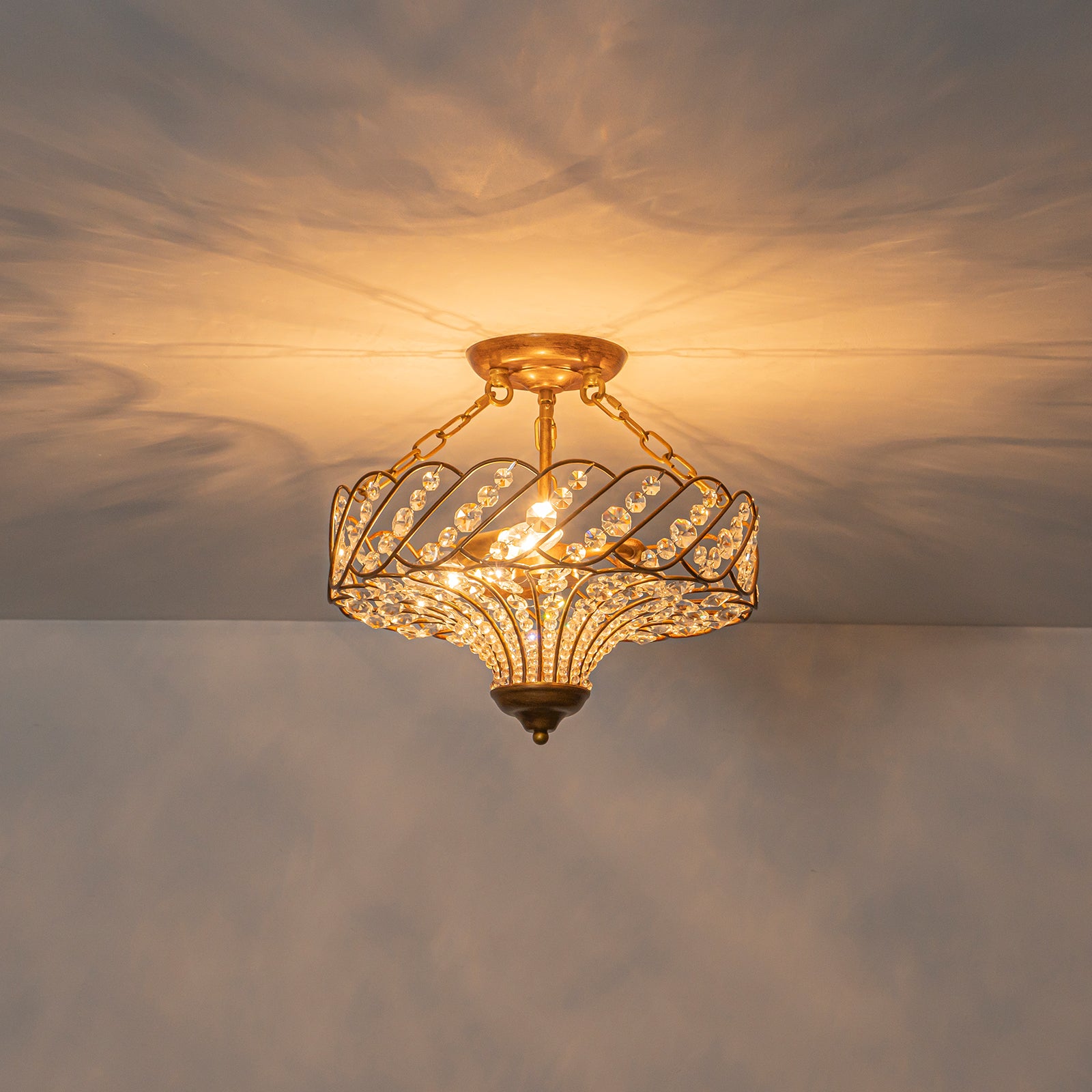 Glowlings 3-Light French Vintage Antique Gold Crystal Semi Flush Mount Ceiling Light