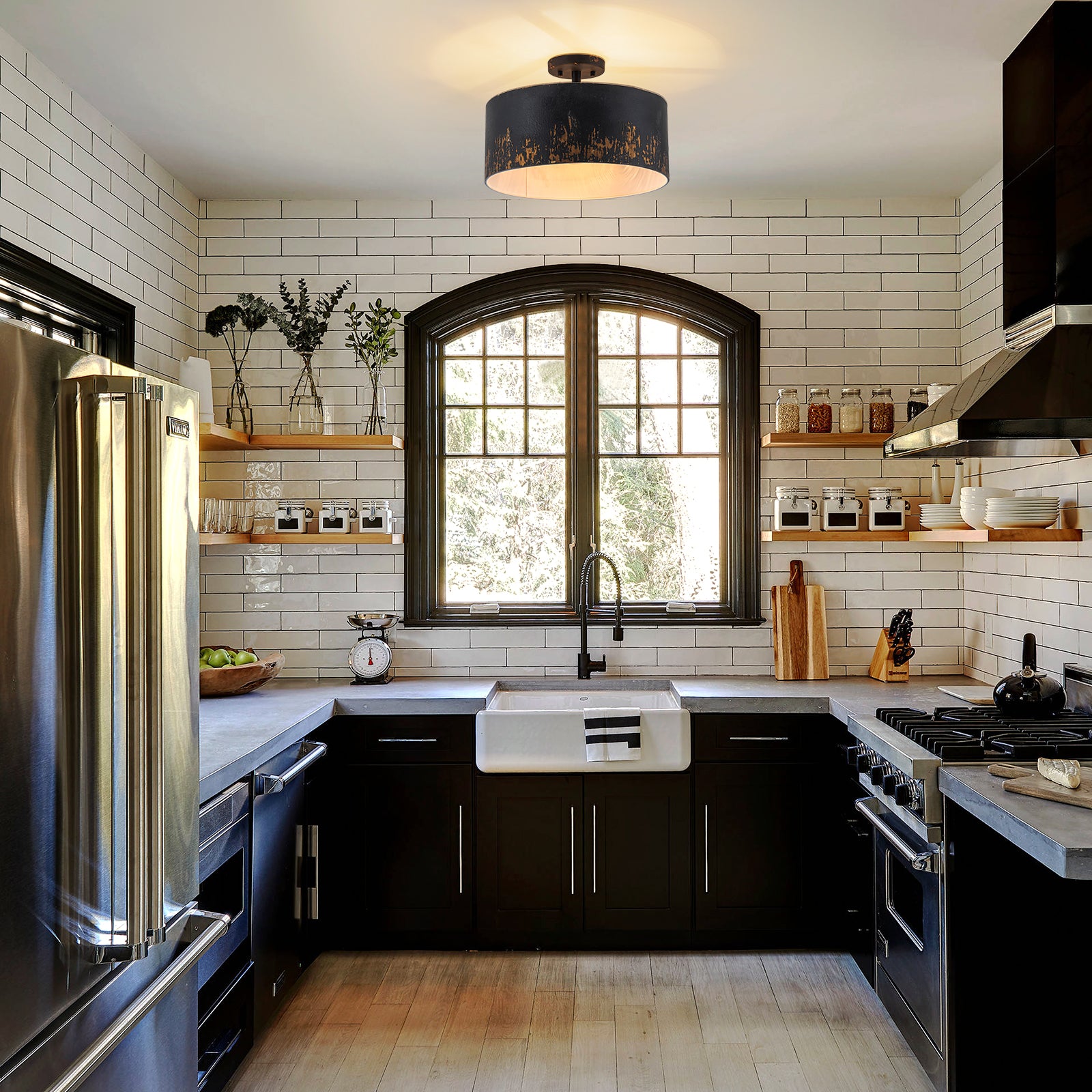 Glowlings 3-Light Industrial 15"Wide Black/Blue Antique Gold Distressing Drum Semi-Flush Mount