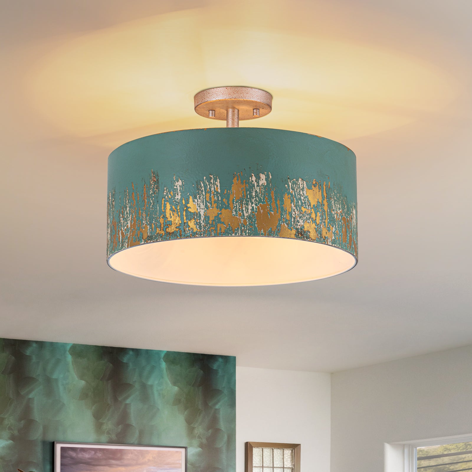 Glowlings 3-Light Industrial 15"Wide Black/Blue Antique Gold Distressing Drum Semi-Flush Mount