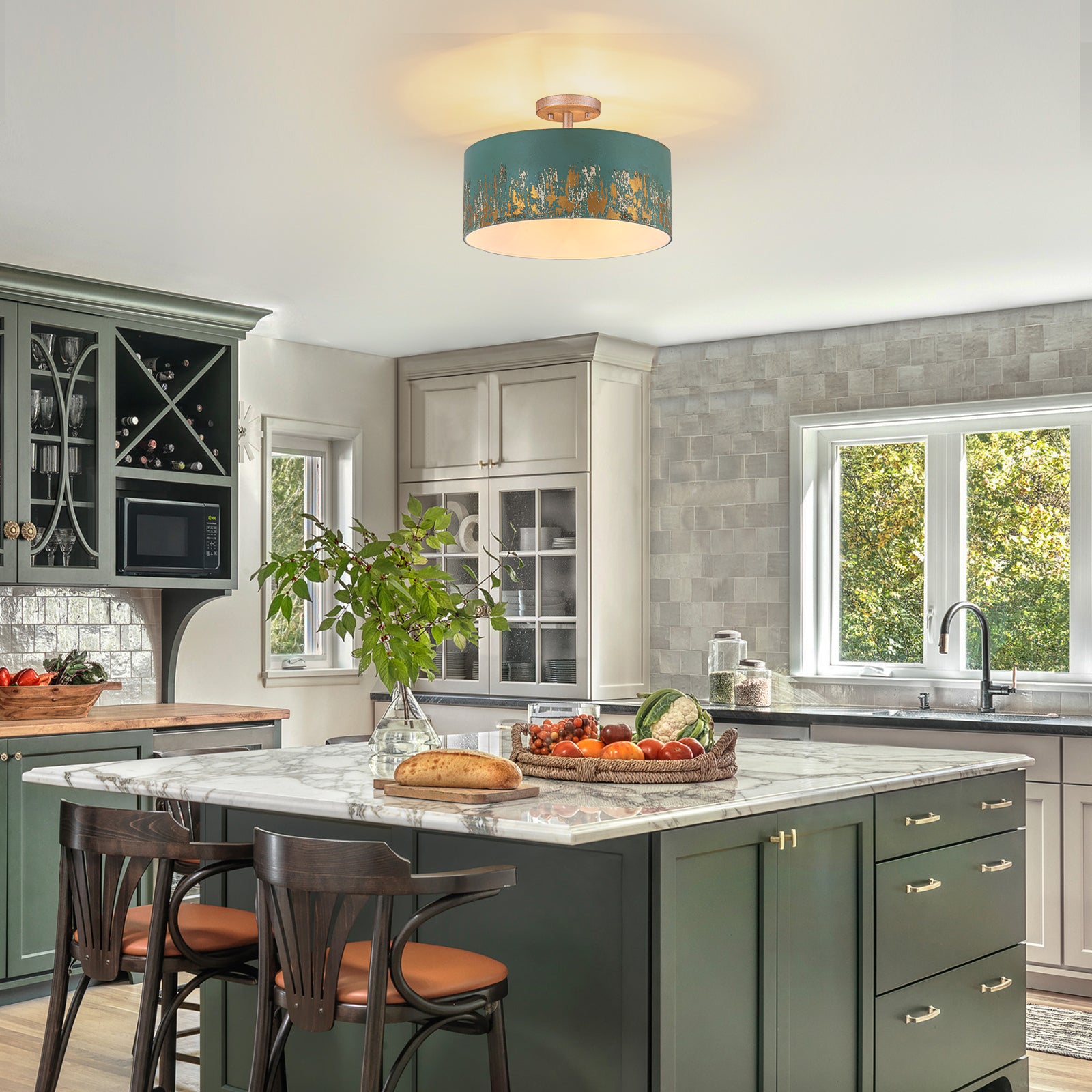 Glowlings 3-Light Industrial 15"Wide Black/Blue Antique Gold Distressing Drum Semi-Flush Mount