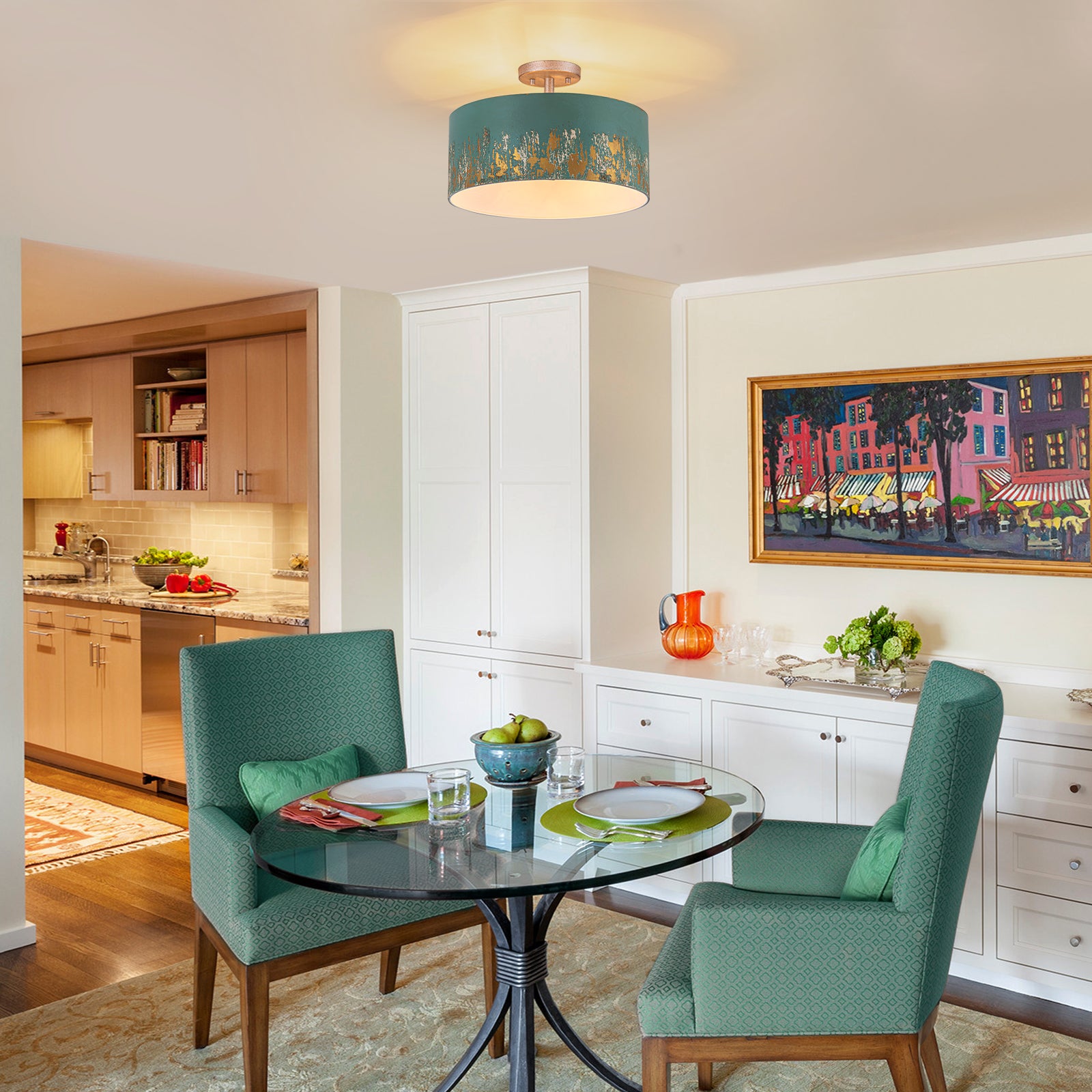 Glowlings 3-Light Industrial 15"Wide Black/Blue Antique Gold Distressing Drum Semi-Flush Mount