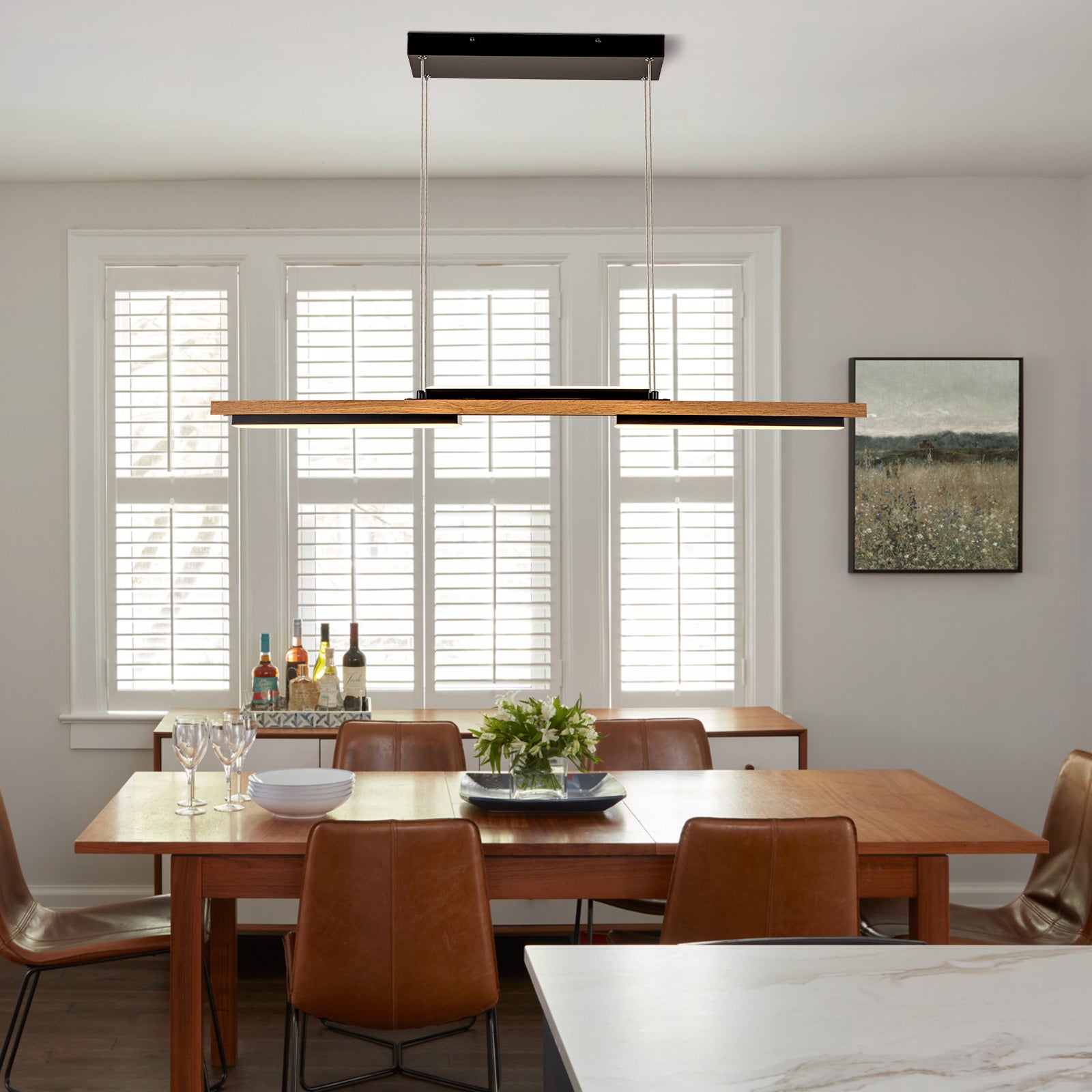 Glowlings 3-Light 40”Wide Rectangle LED Linear Wood Pendant Light Island Light