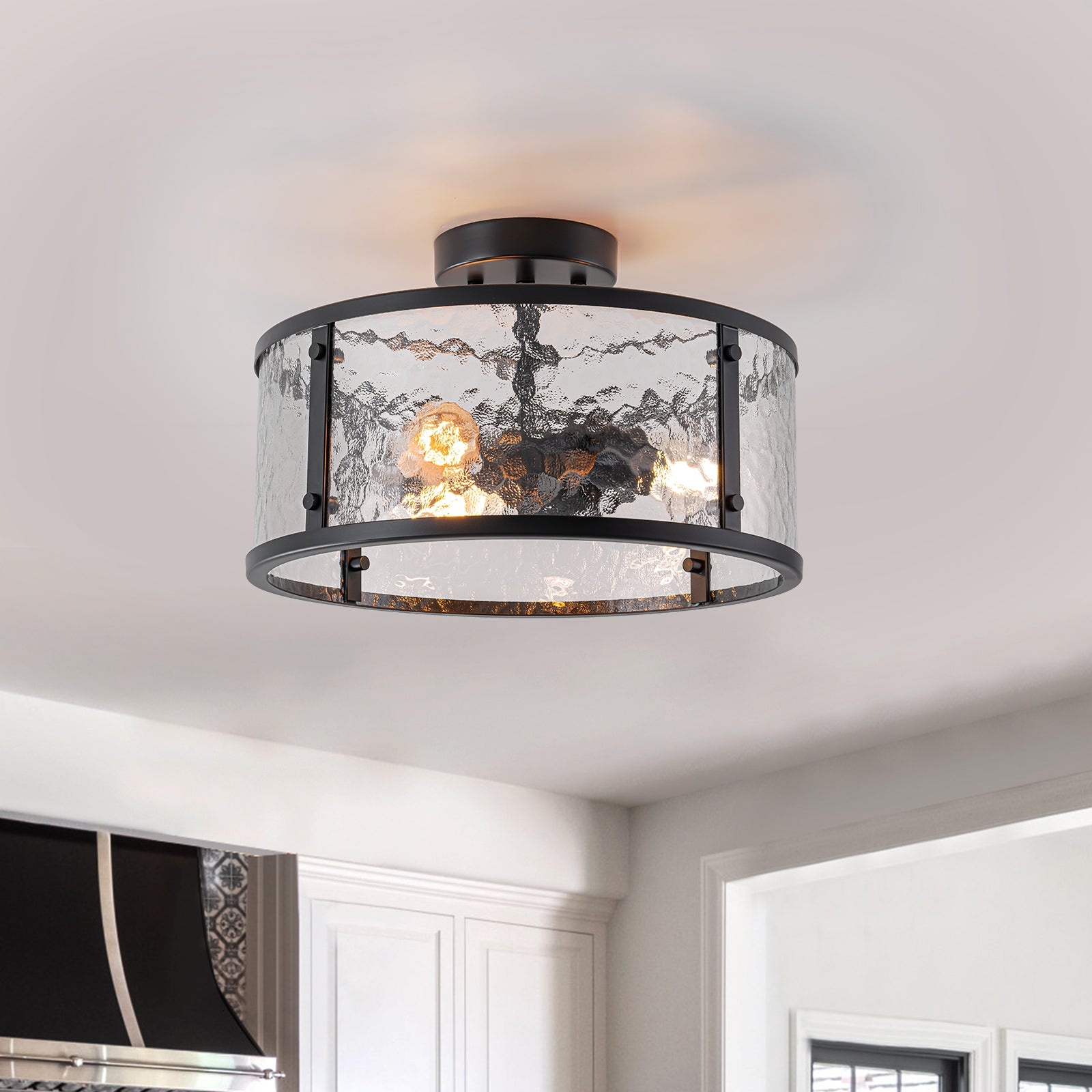 Glowlings 3-Light Modern 14"Wide Matte Black Drum Hammered Glass Semi-Flush Mount