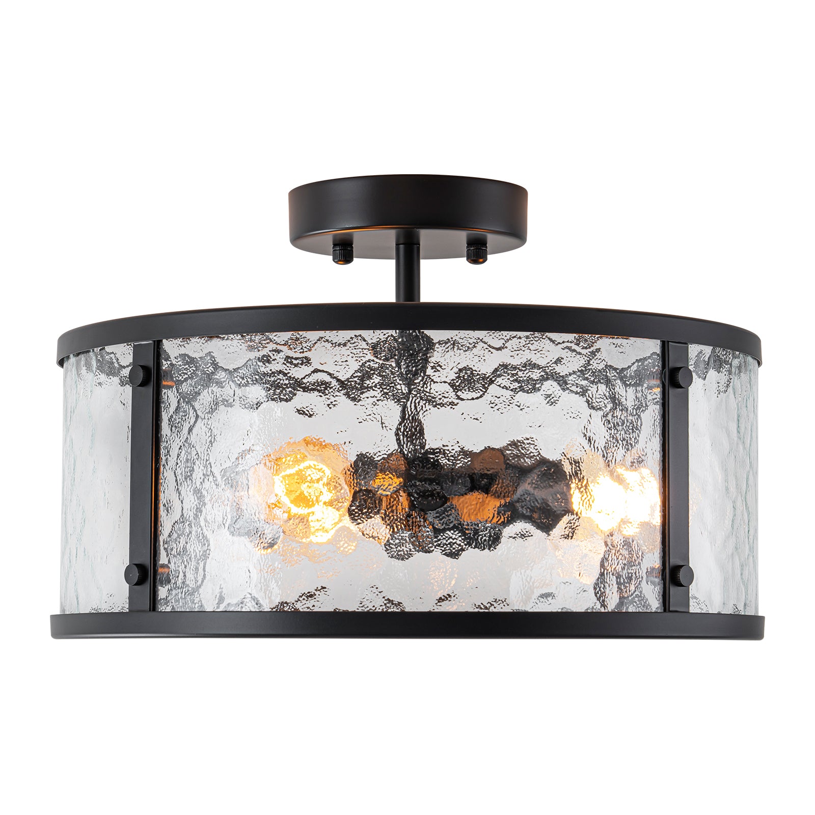 Glowlings 3-Light Modern 14"Wide Matte Black Drum Hammered Glass Semi-Flush Mount