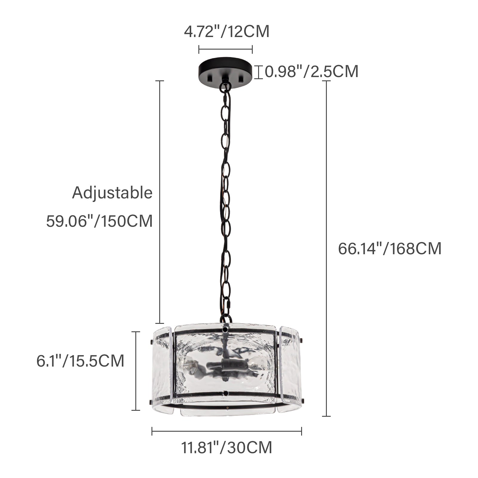 Glowlings 3-Light Modern Textured Water Ripple Clear Glass Black Small Drum Chandelier