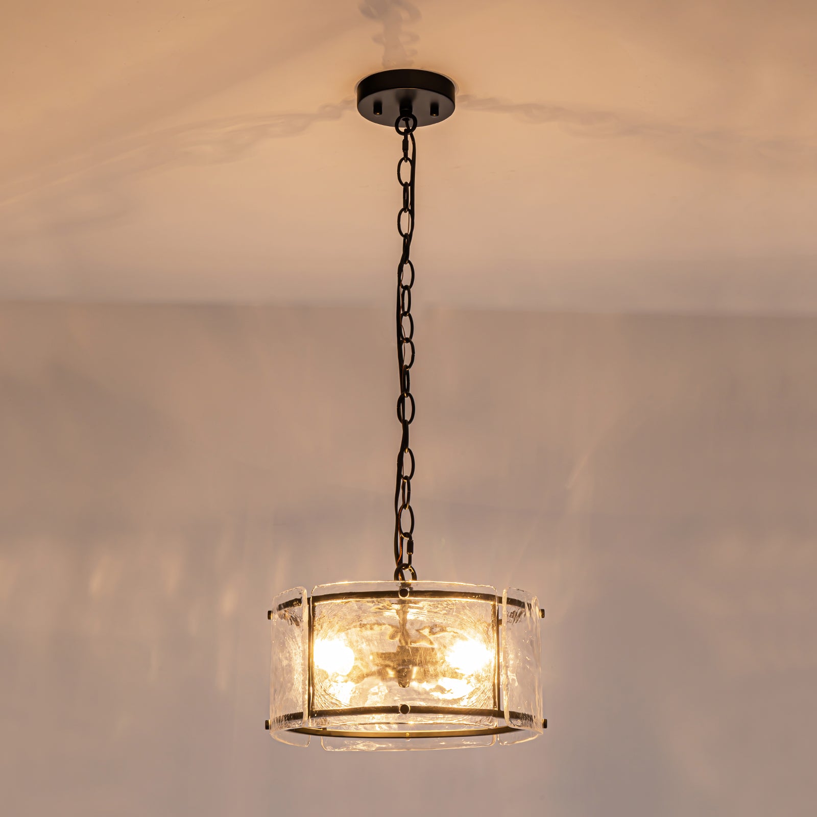 Glowlings 3-Light Modern Textured Water Ripple Clear Glass Black Small Drum Chandelier