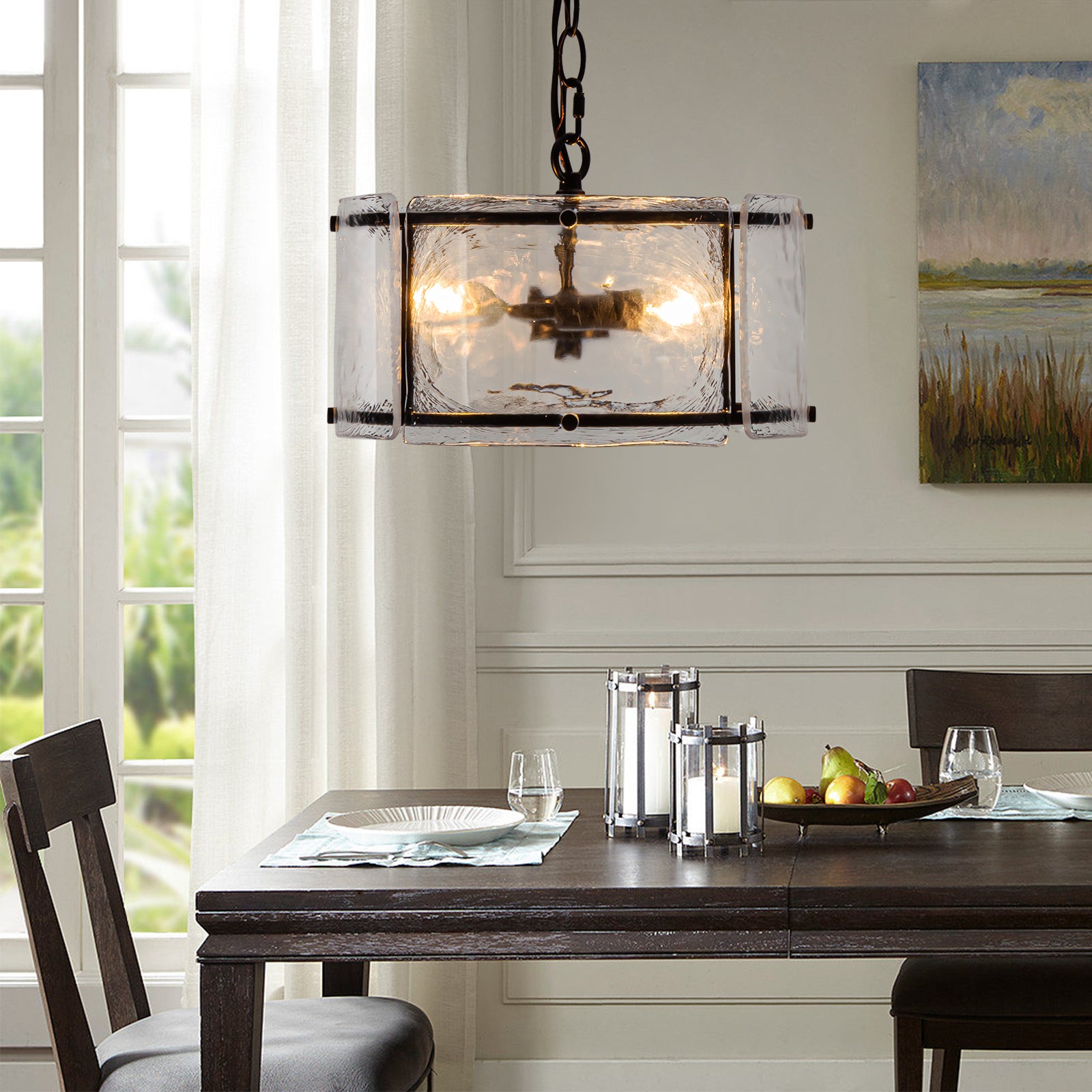 Glowlings 3-Light Modern Textured Water Ripple Clear Glass Black Small Drum Chandelier