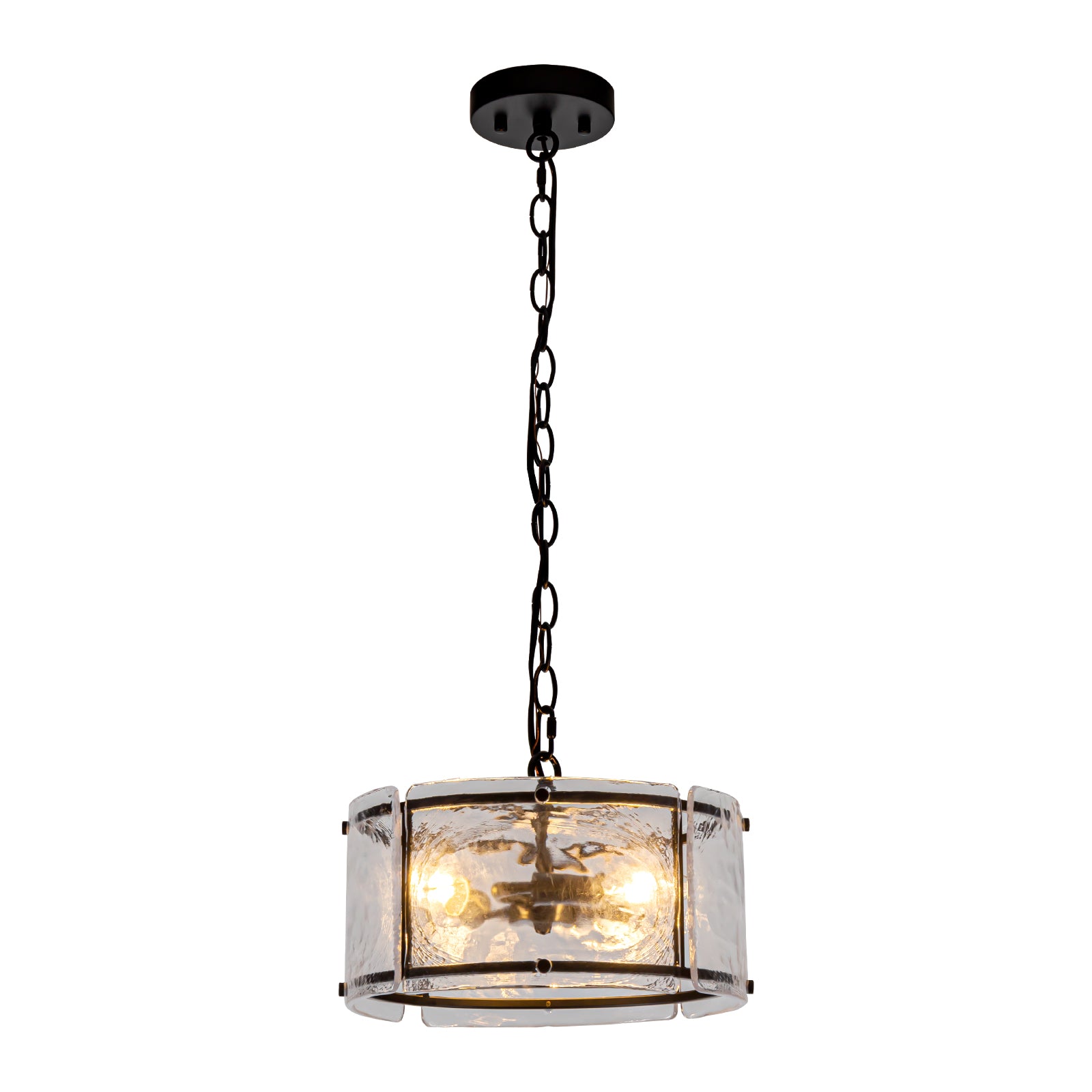 Glowlings 3-Light Modern Textured Water Ripple Clear Glass Black Small Drum Chandelier