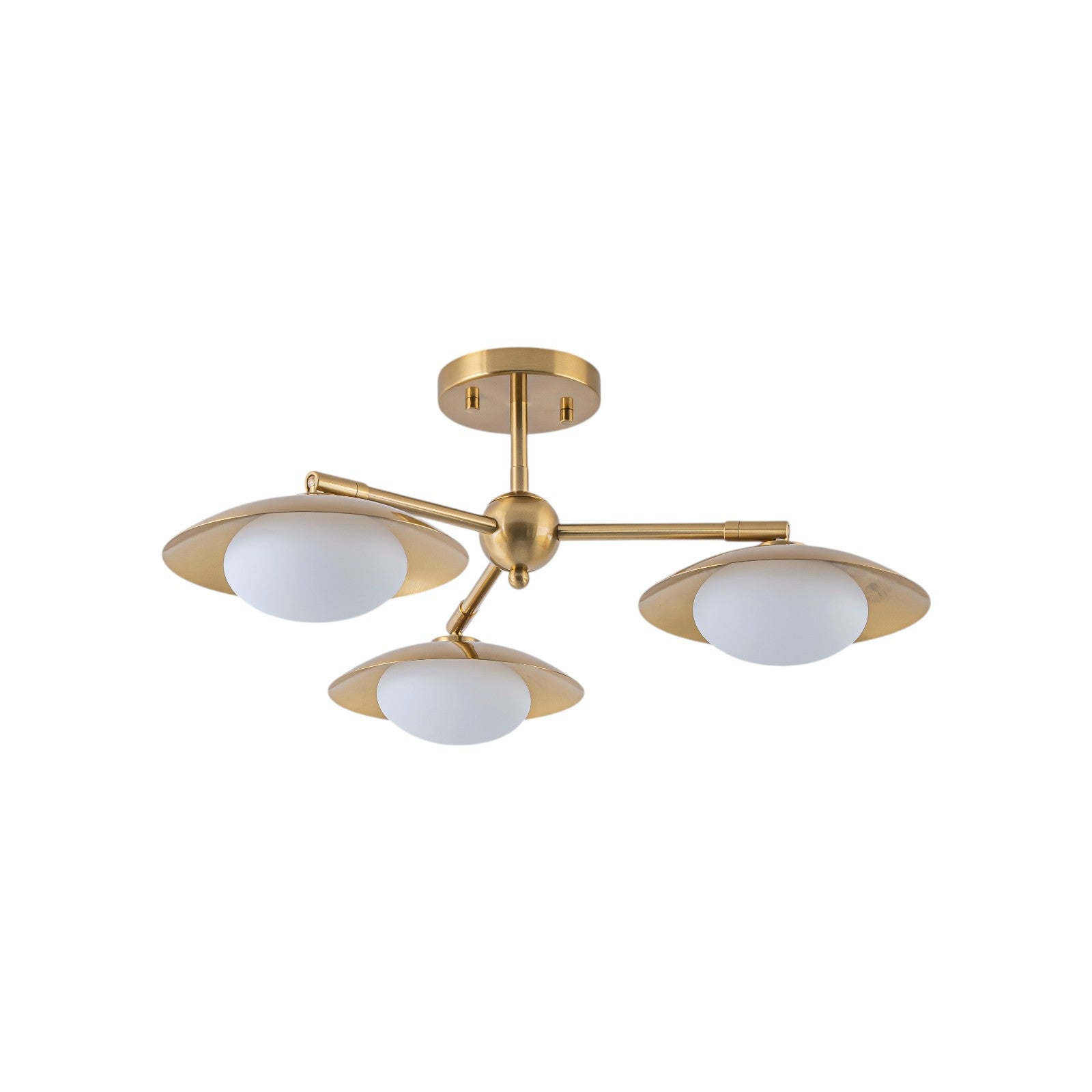 Glowlings 3-Light Mid Century Brass Sputnik Oval Opal Glass Semi Flush Mount Ceiling Light