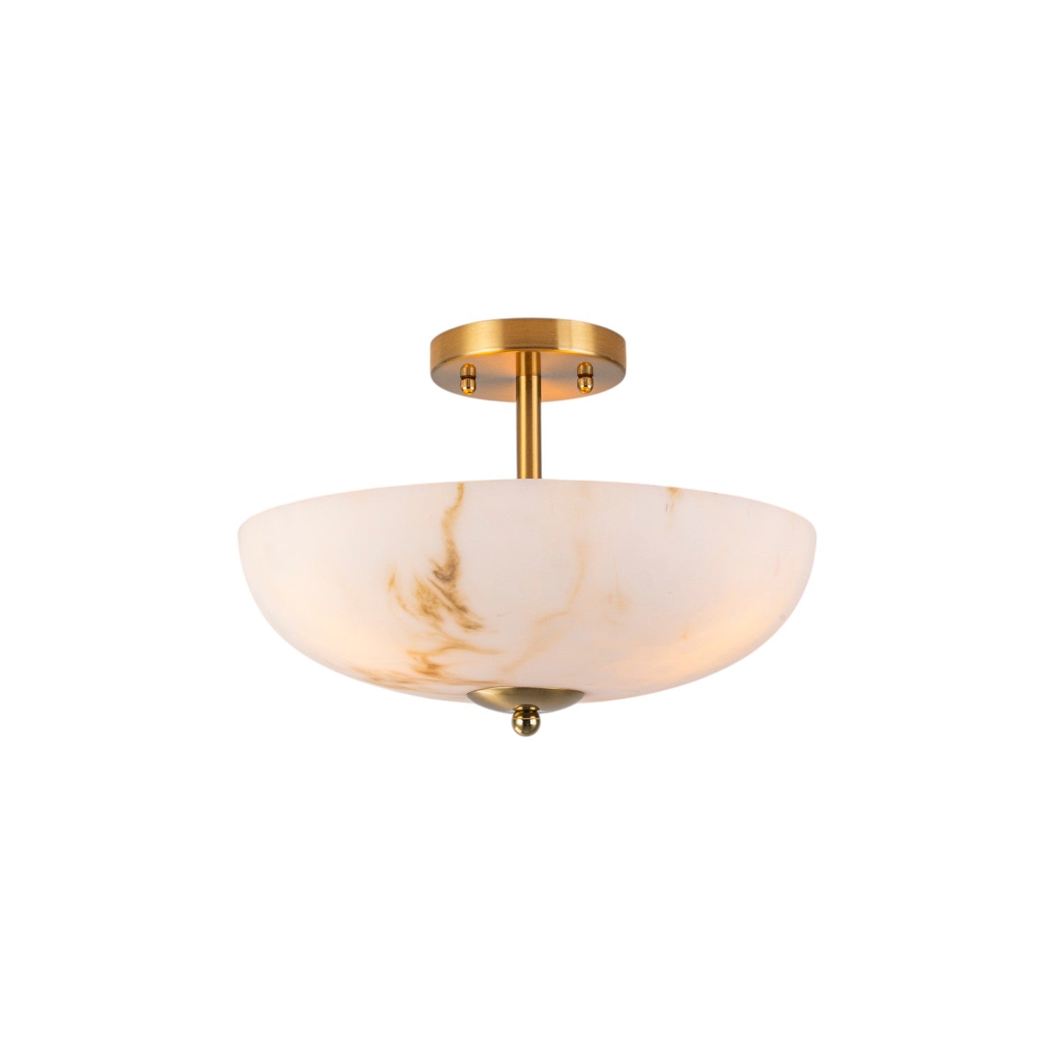 Glowlings 3-Light Mid-Century Brushed Brass Semi-Flush Mount Ceiling Light with Faux Textured Alabaster Glass Bowl Shade