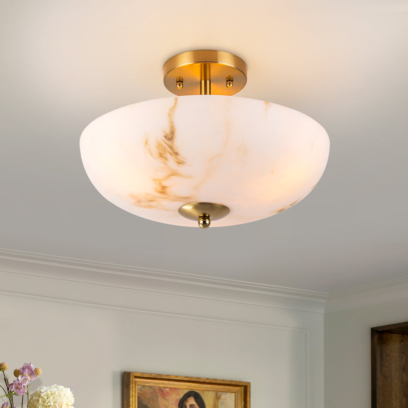 Glowlings 3-Light Mid-Century Brushed Brass Semi-Flush Mount Ceiling Light with Faux Textured Alabaster Glass Bowl Shade