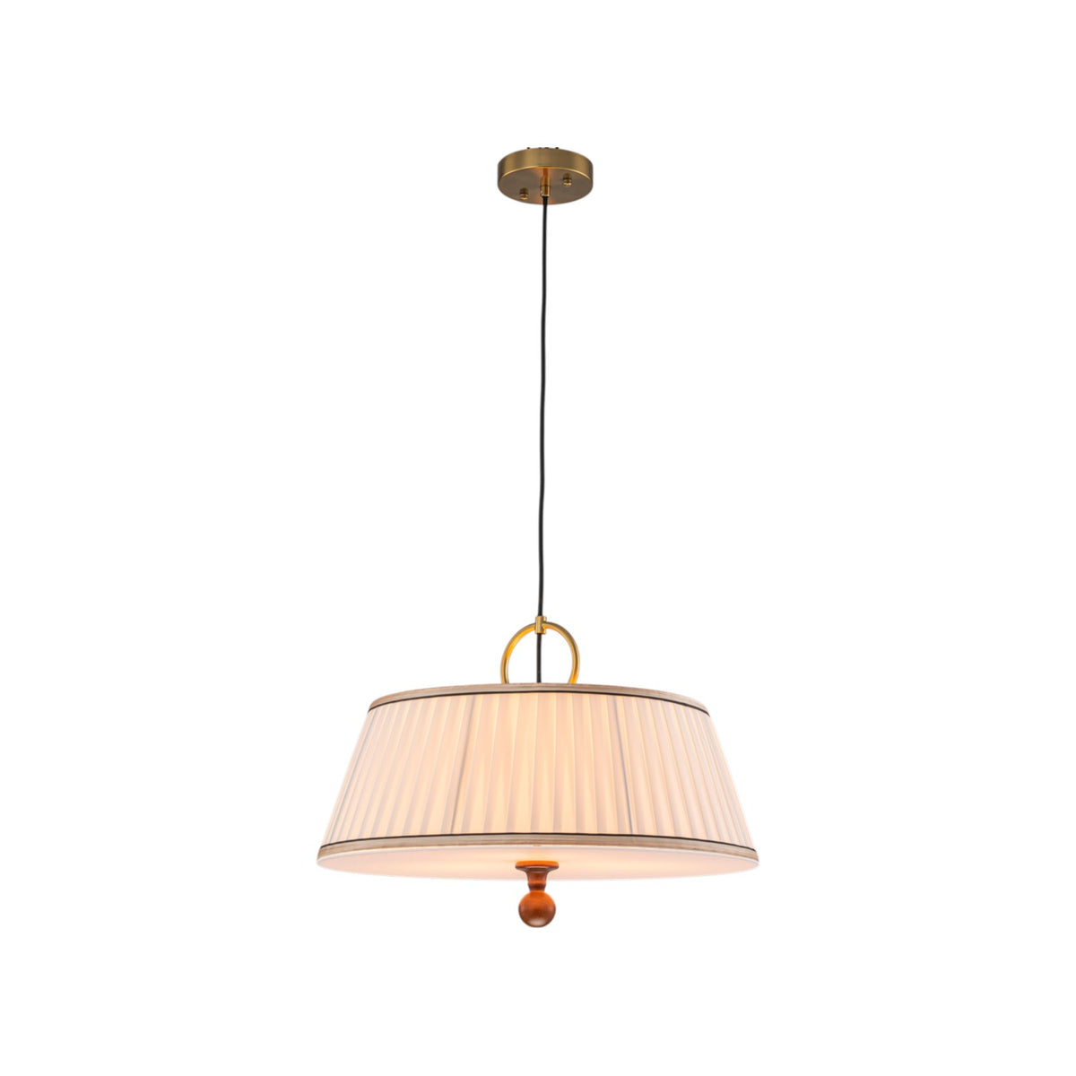 Glowlings 3-Light Mid-Century Modern Brass Drum Pendant Light with Off-White Pleated Fabric Shade