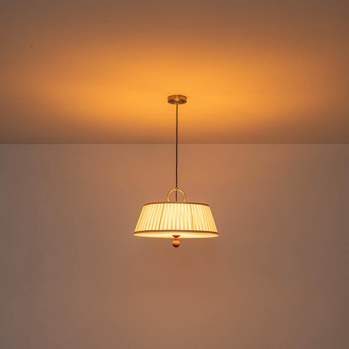 Glowlings 3-Light Mid-Century Modern Brass Drum Pendant Light with Off-White Pleated Fabric Shade