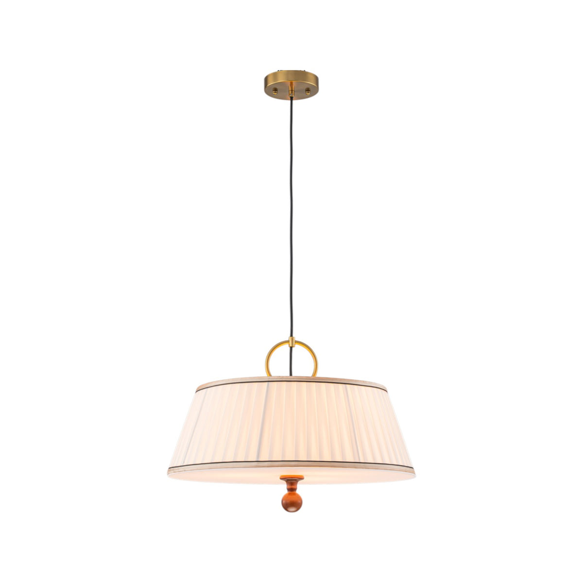 Glowlings 3-Light Mid-Century Modern Brass Drum Pendant Light with Off-White Pleated Fabric Shade