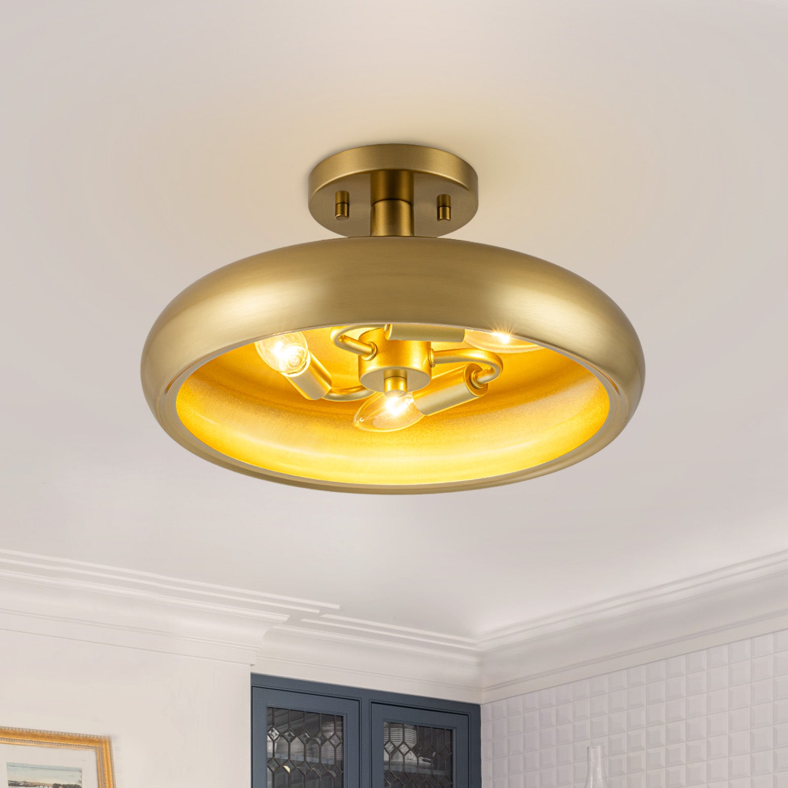 Glowlings 3-Light Mid-Century Modern Brass Round Dome Semi-Flush Mount Ceiling Light