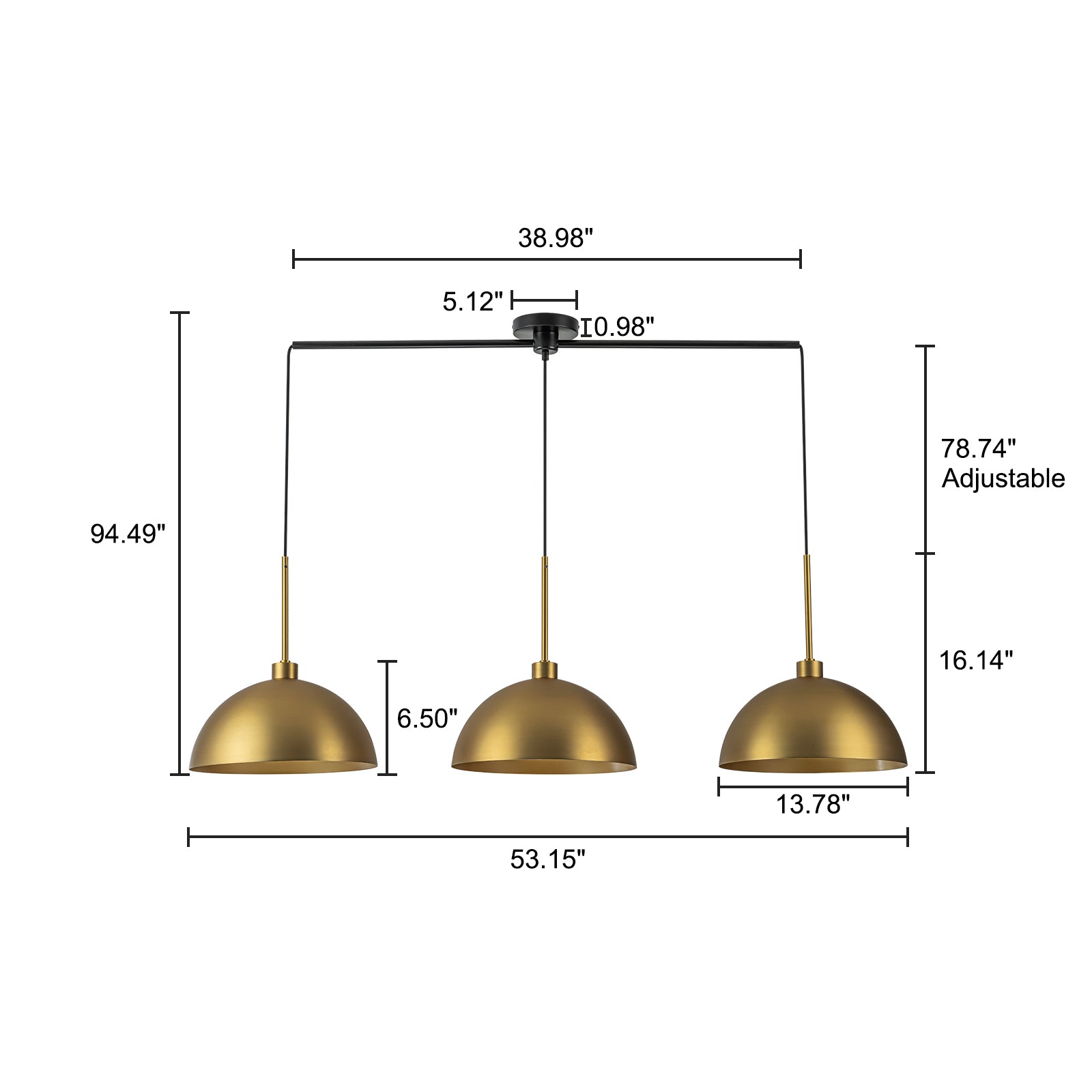 Glowlings 3-Light Modern 53"Wide Oversized Linear Brushed Brass Dome Pendant Light