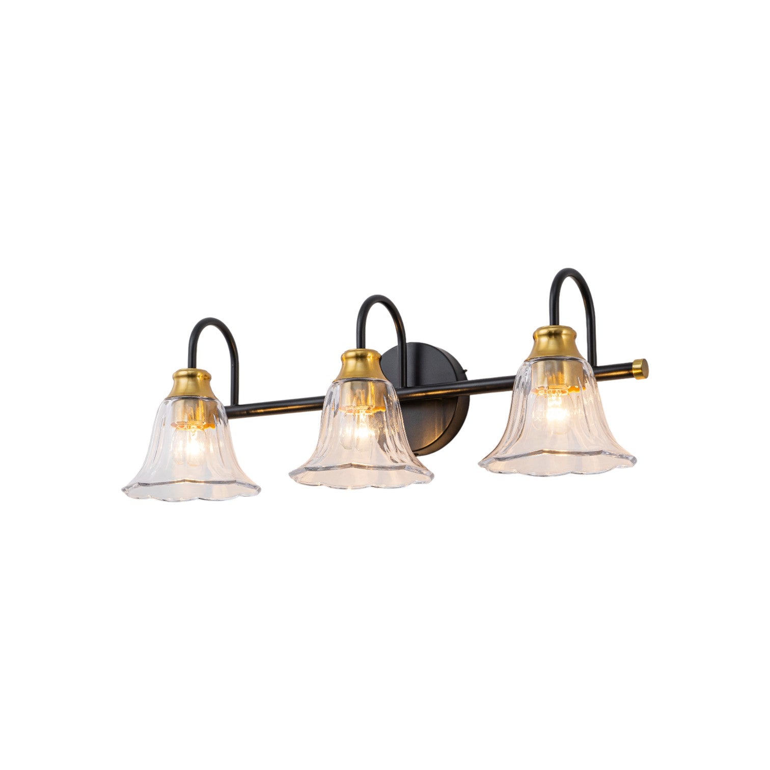 Glowlings 3/4-Light Modern Black & Gold Bathroom Vanity Light Wall Sconce with Flower Clear Glass Shades for Mirror