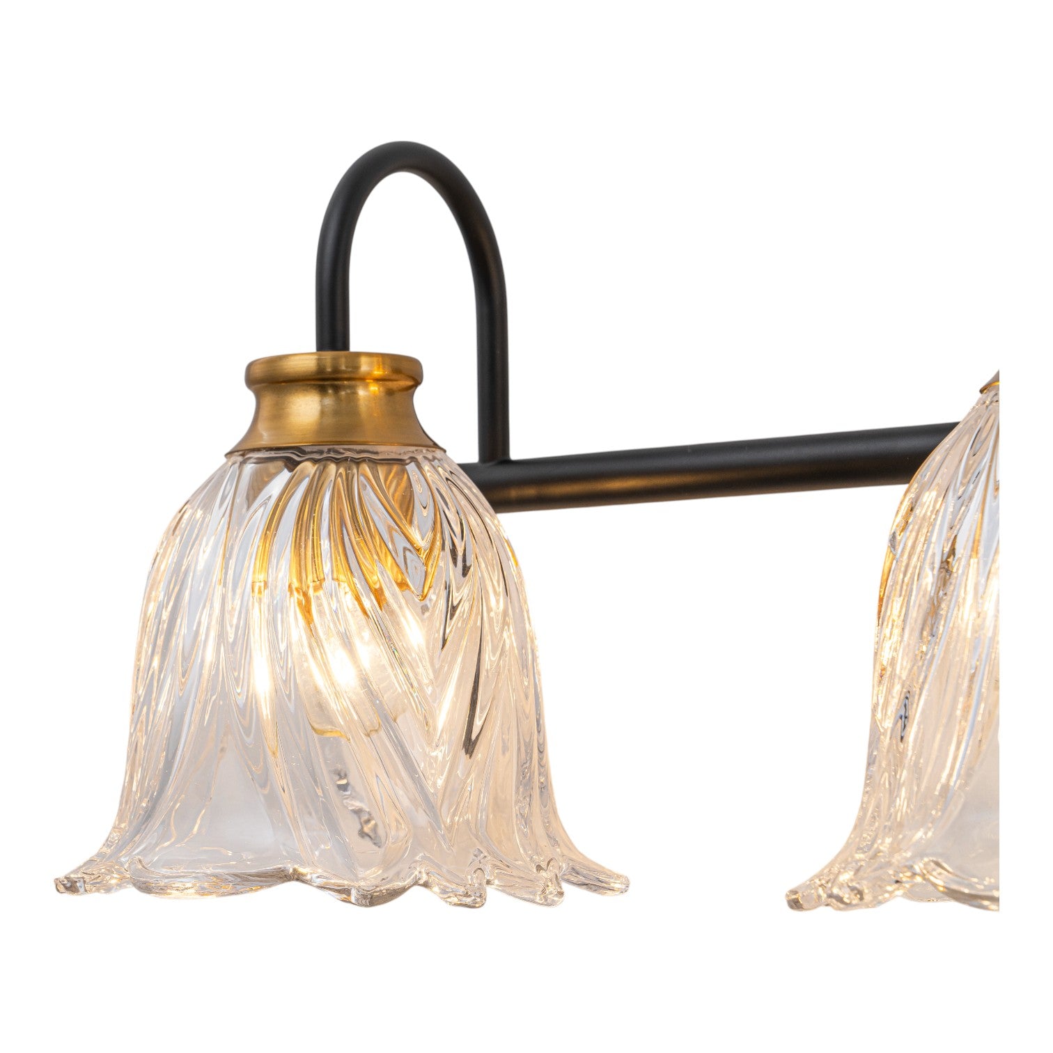 Glowlings 3/4-Light Modern Black & Gold Bathroom Vanity Light Wall Sconce with Flower Clear Glass Shades for Mirror