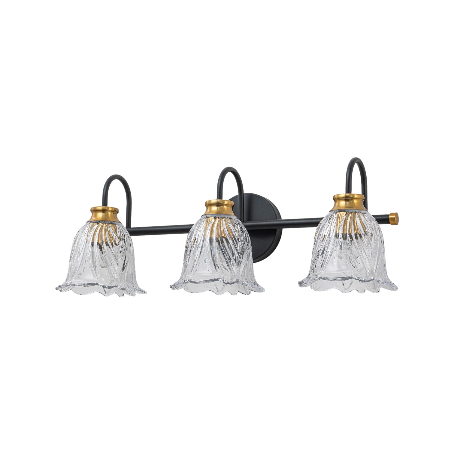 Glowlings 3/4-Light Modern Black & Gold Bathroom Vanity Light Wall Sconce with Flower Clear Glass Shades for Mirror