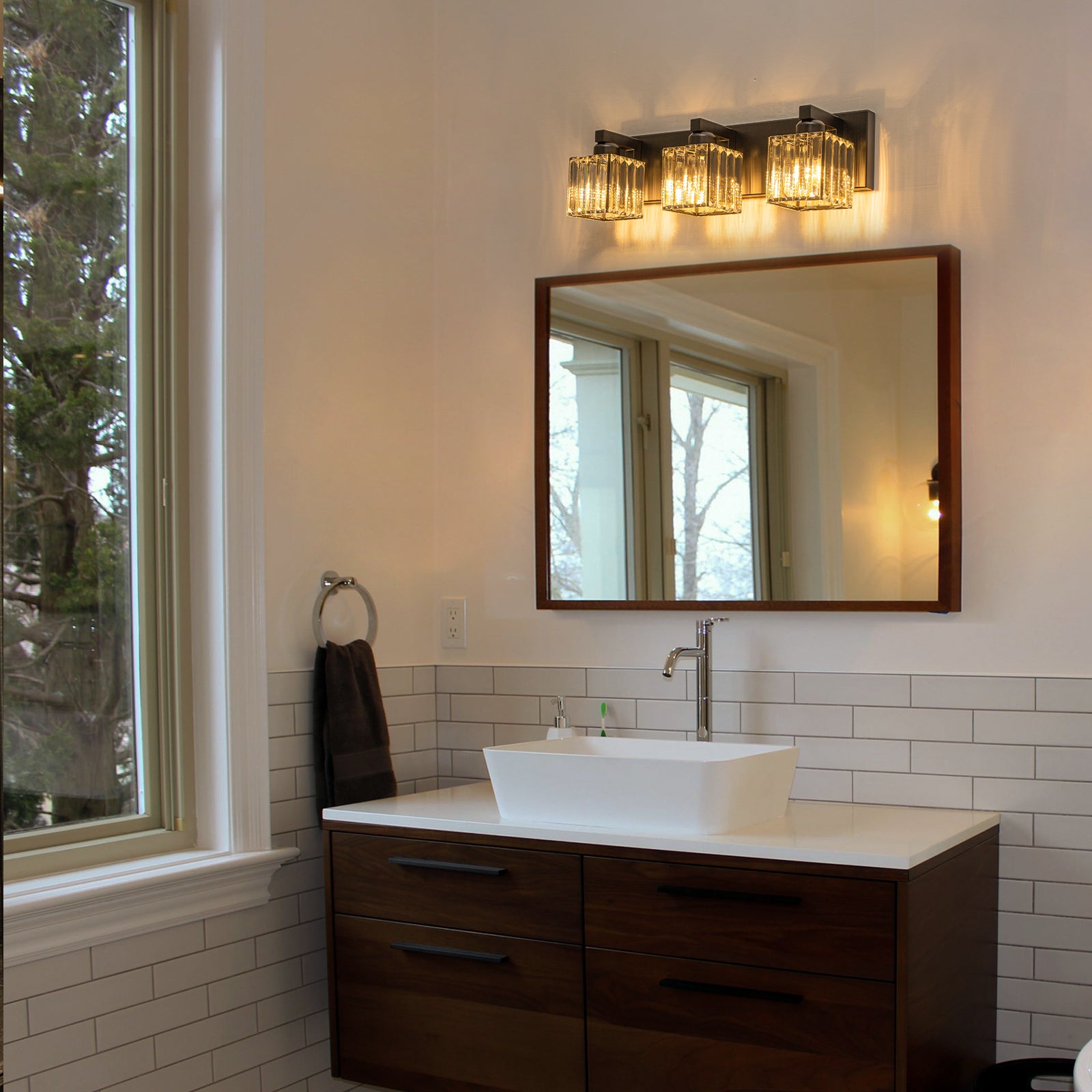 Glowlings 3/4/5-Light Modern Matte Black Square Crystal Bathroom Vanity Light Fixtures Over Mirror