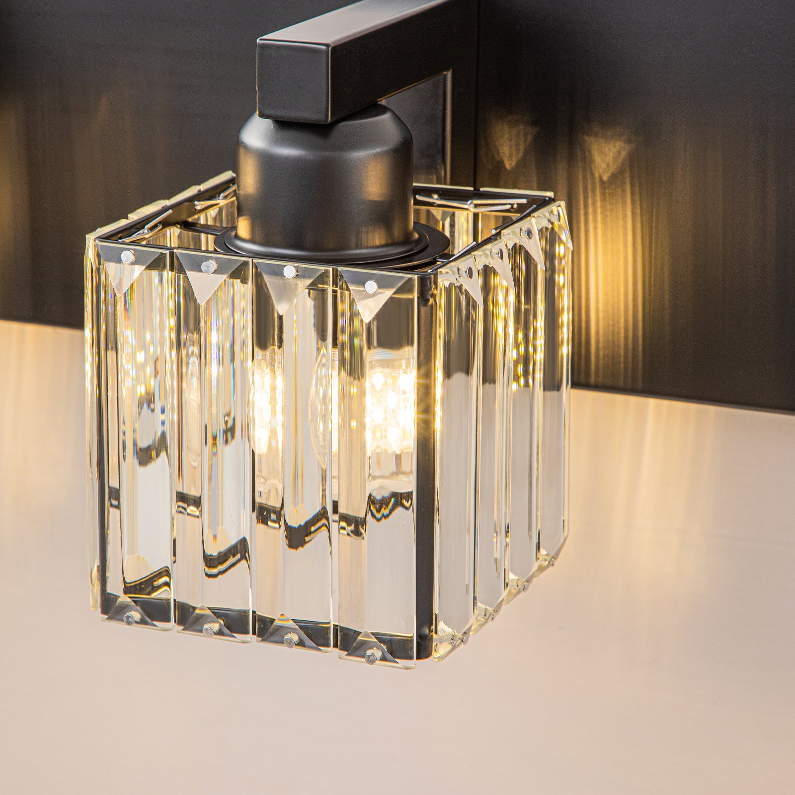 Glowlings 3/4/5-Light Modern Matte Black Square Crystal Bathroom Vanity Light Fixtures Over Mirror
