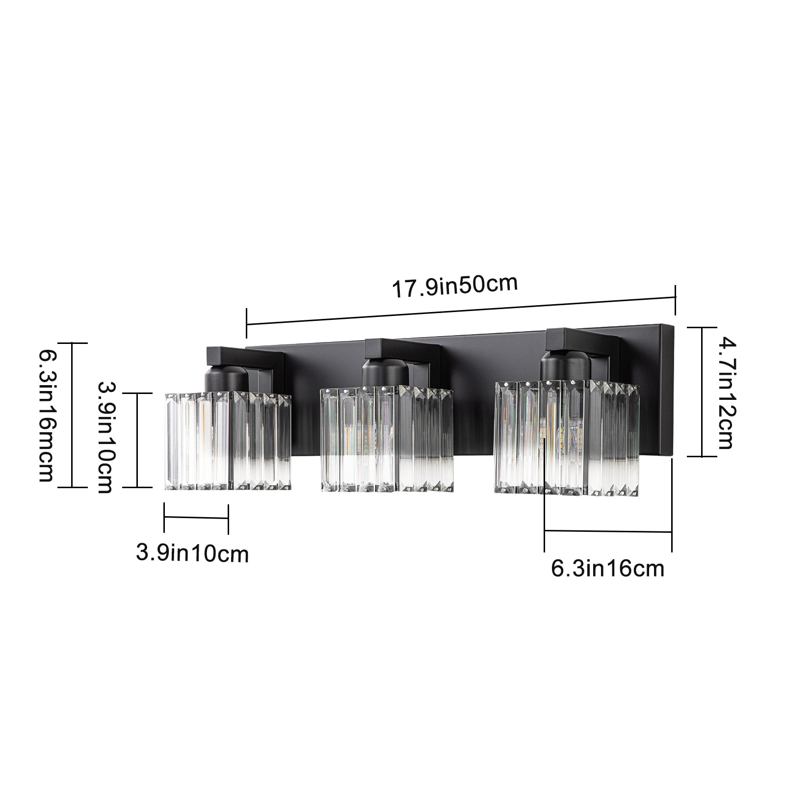 Glowlings 3/4/5-Light Modern Matte Black Square Crystal Bathroom Vanity Light Fixtures Over Mirror