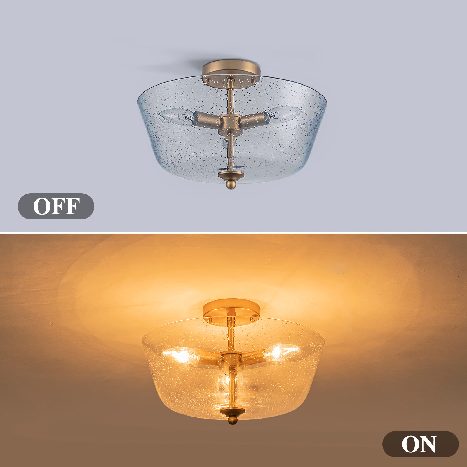 Glowlings 3-Light Modern 15"Wide Bowl Clear Seeded Glass Semi-Flush Mount Ceiling Light