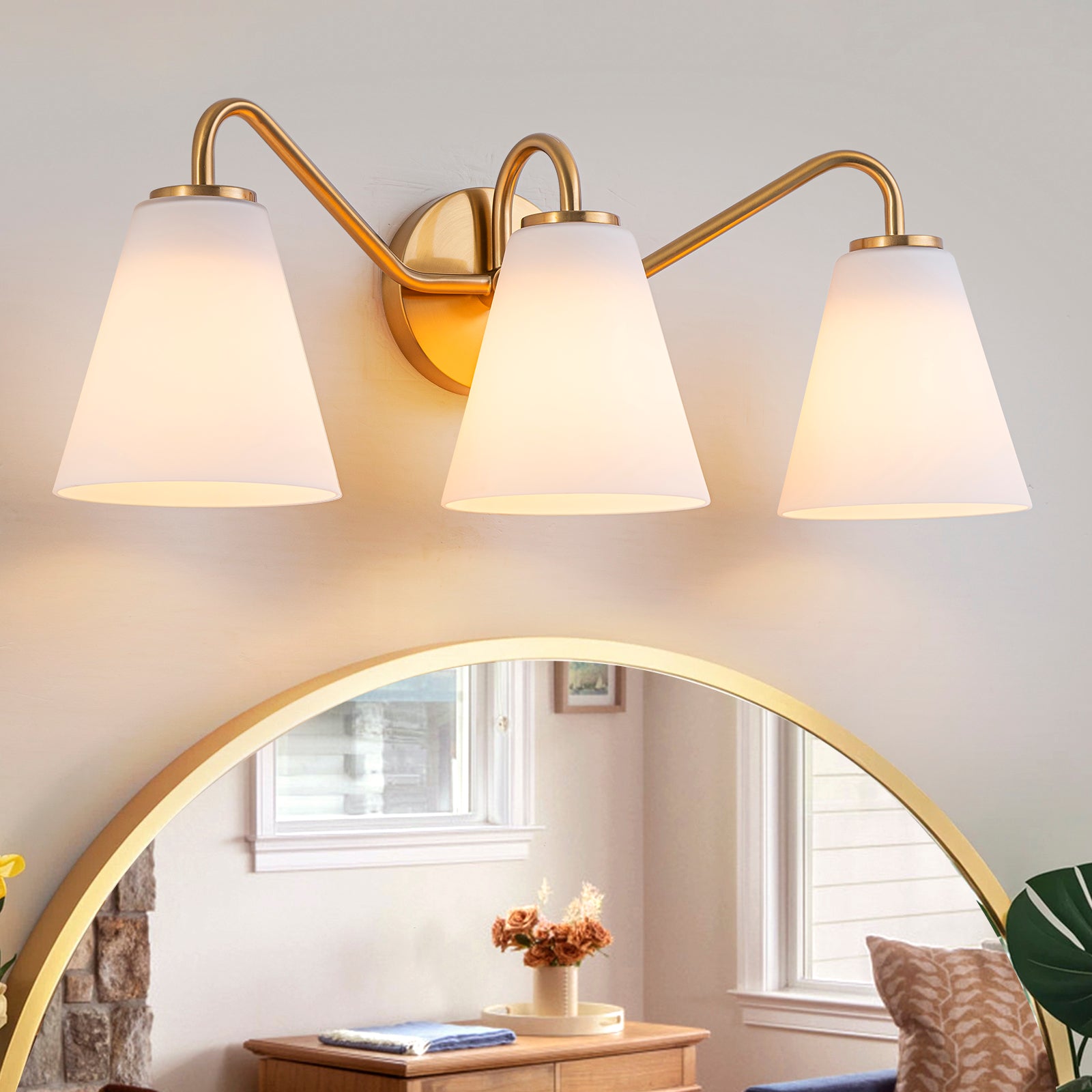 Glowlings 3-Light Modern Brass Cone Opal Glass Bathroom Vanity Wall Sconce