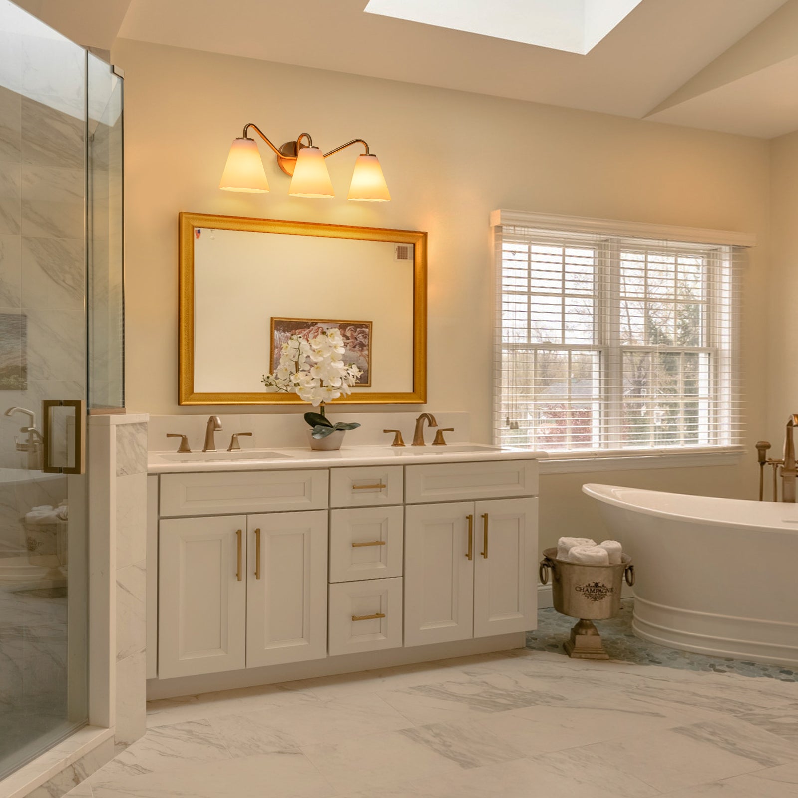 Glowlings 3-Light Modern Brass Cone Opal Glass Bathroom Vanity Wall Sconce