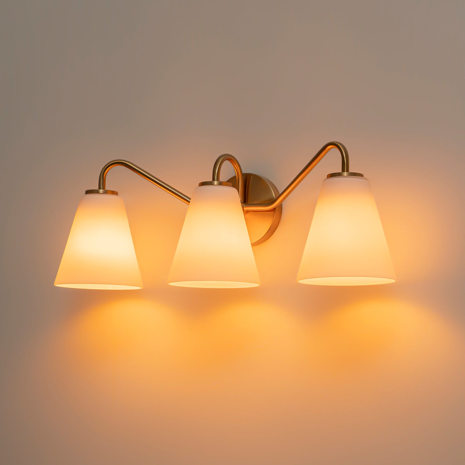 Glowlings 3-Light Modern Brass Cone Opal Glass Bathroom Vanity Wall Sconce