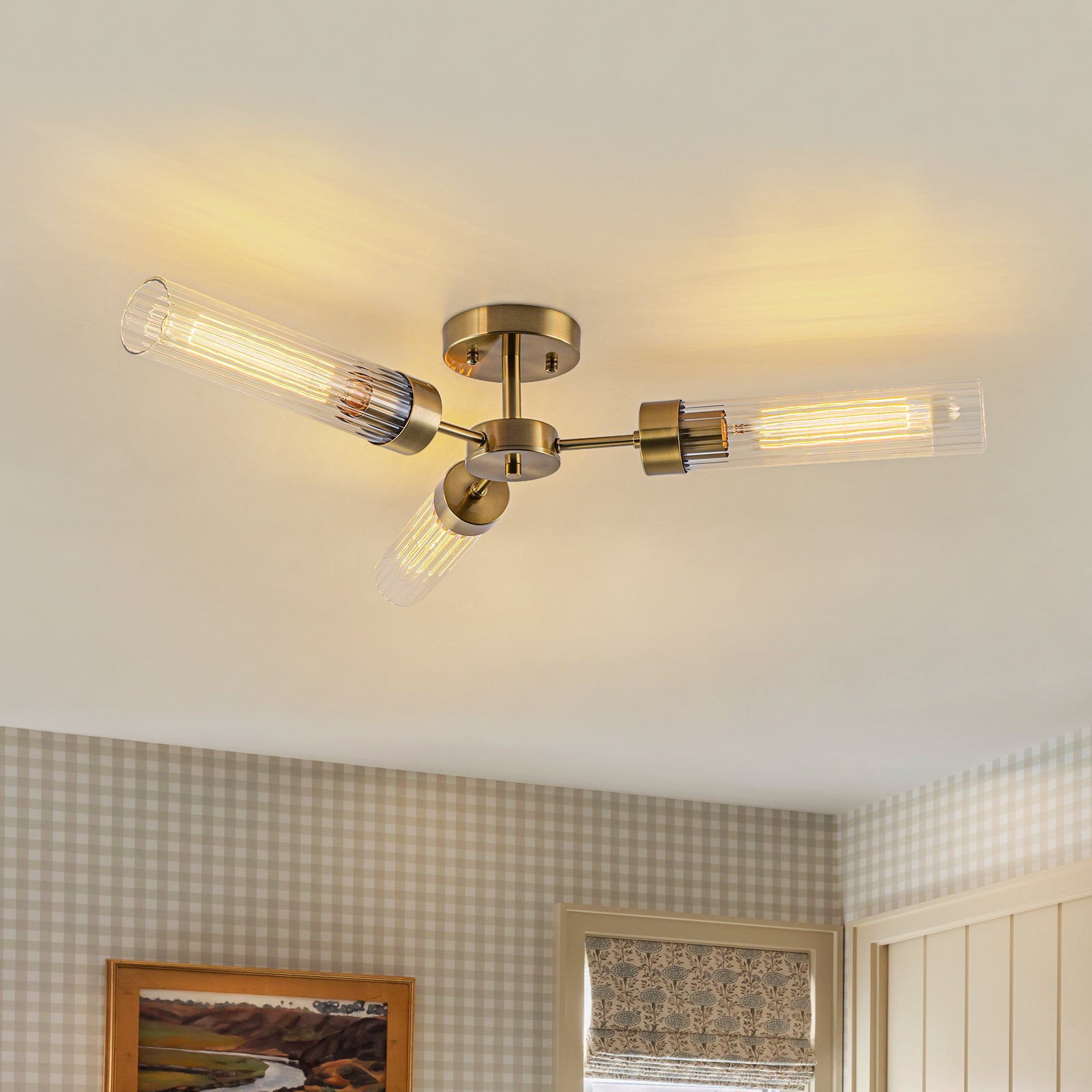 Glowlings 3-Light Modern Brass Ribbed Glass Sputnik Semi-Flush Mount Ceiling Light