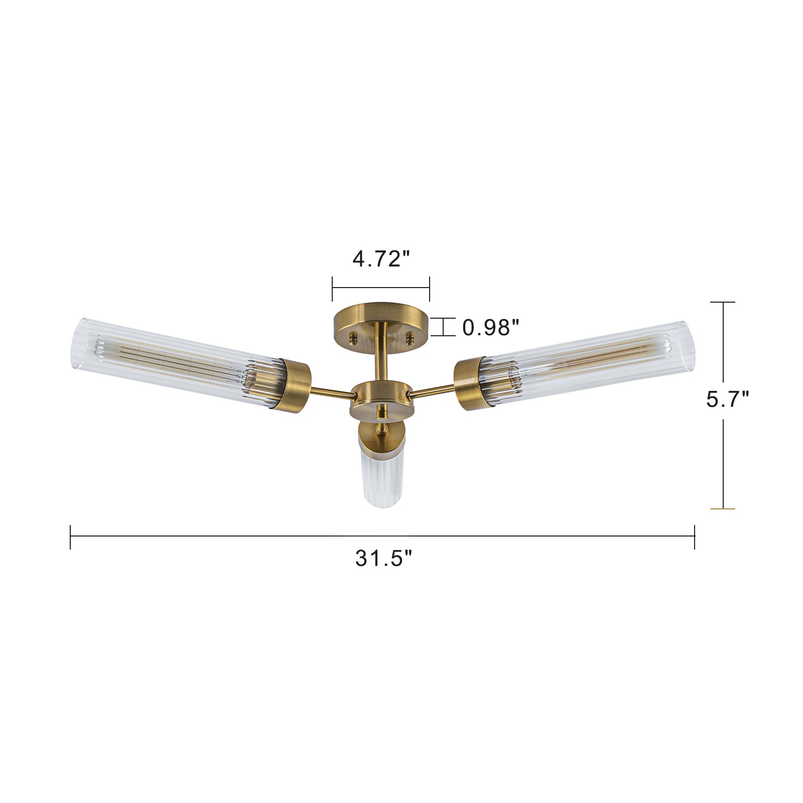 Glowlings 3-Light Modern Brass Ribbed Glass Sputnik Semi-Flush Mount Ceiling Light