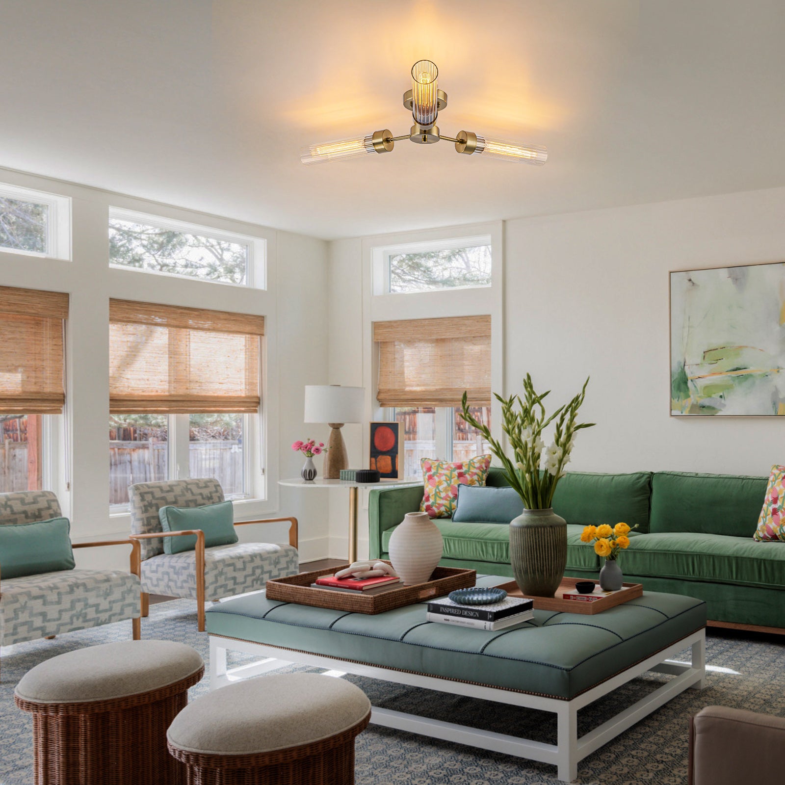 Glowlings 3-Light Modern Brass Ribbed Glass Sputnik Semi-Flush Mount Ceiling Light